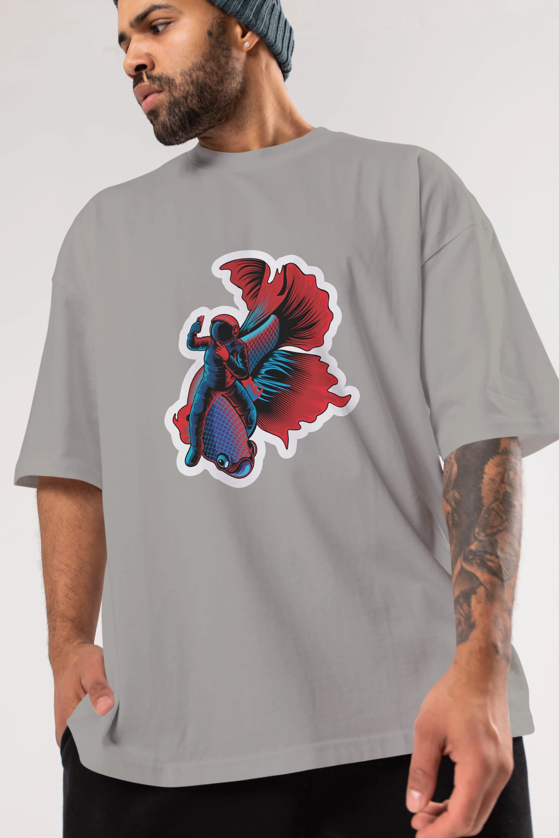 Astrofish selfie sticker Ön Baskılı Oversize t-shirt Erkek Kadın Unisex