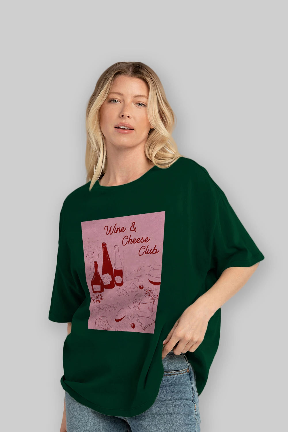 Wine Cheese Club Ön Baskılı Oversize t-shirt Erkek Kadın Unisex %100 Pamuk Bisiklet Yaka tişort