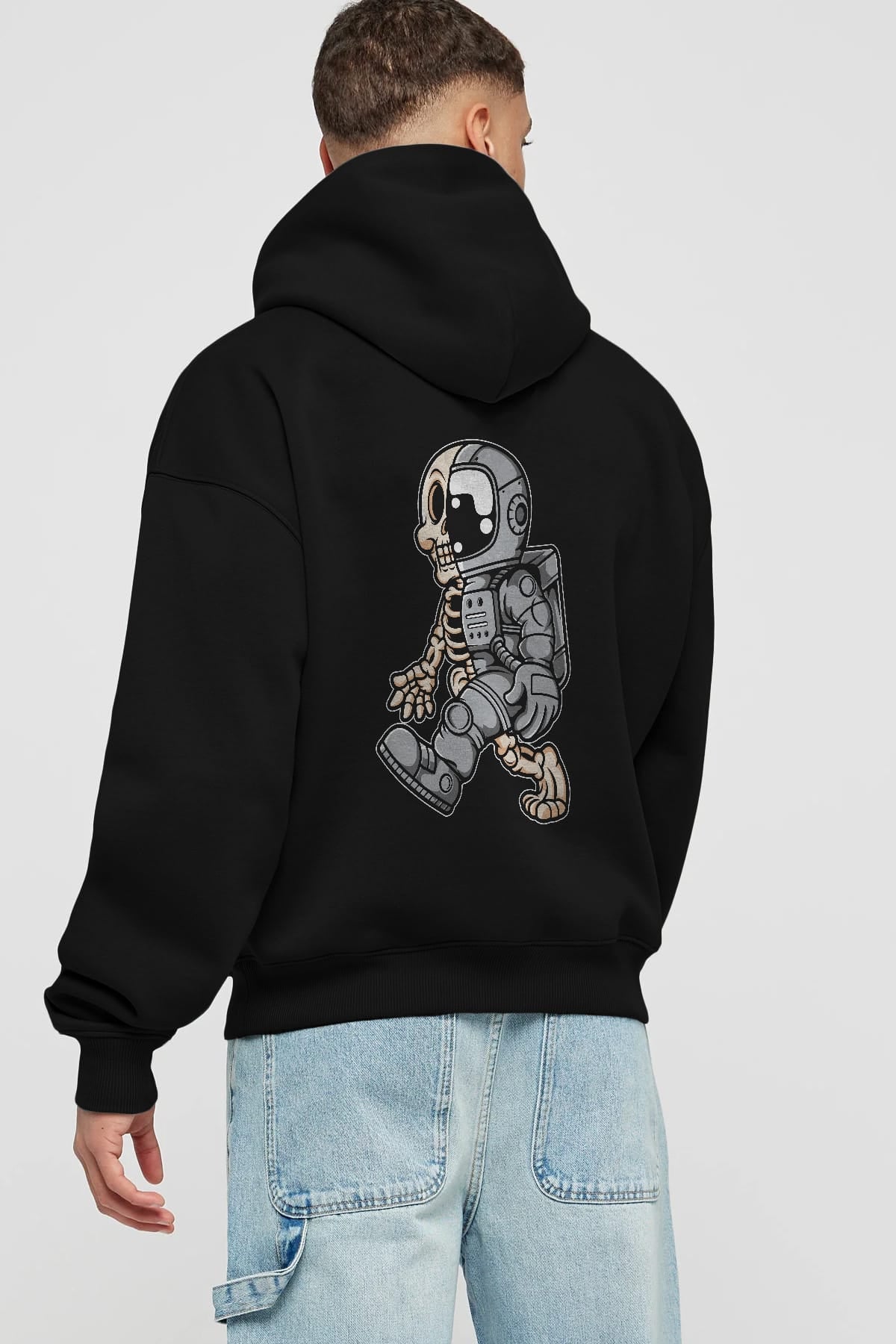 Astronaut Half Skull Arka Baskılı Hoodie Oversize Kapüşonlu Sweatshirt Erkek Kadın Unisex