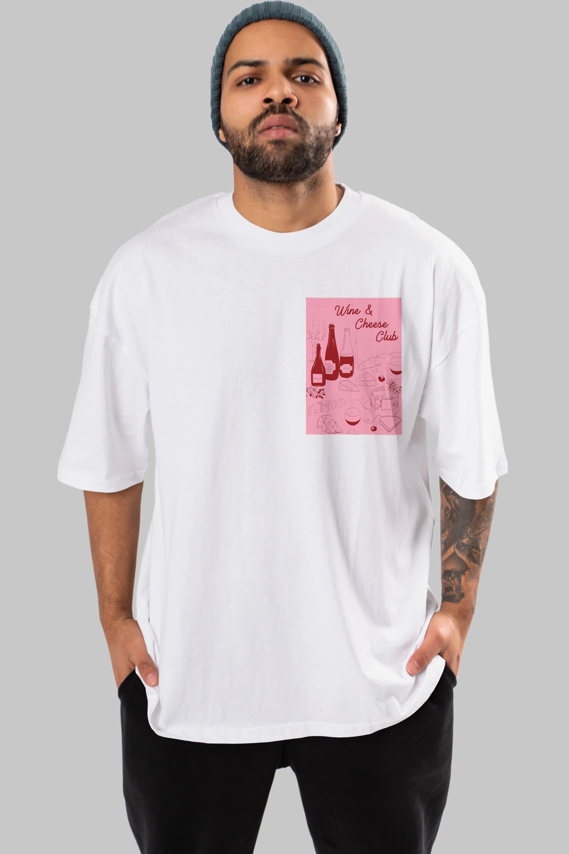 Wine Cheese Club Ön Sol Baskılı Oversize t-shirt Erkek Kadın Unisex %100 Pamuk Bisiklet Yaka tişort