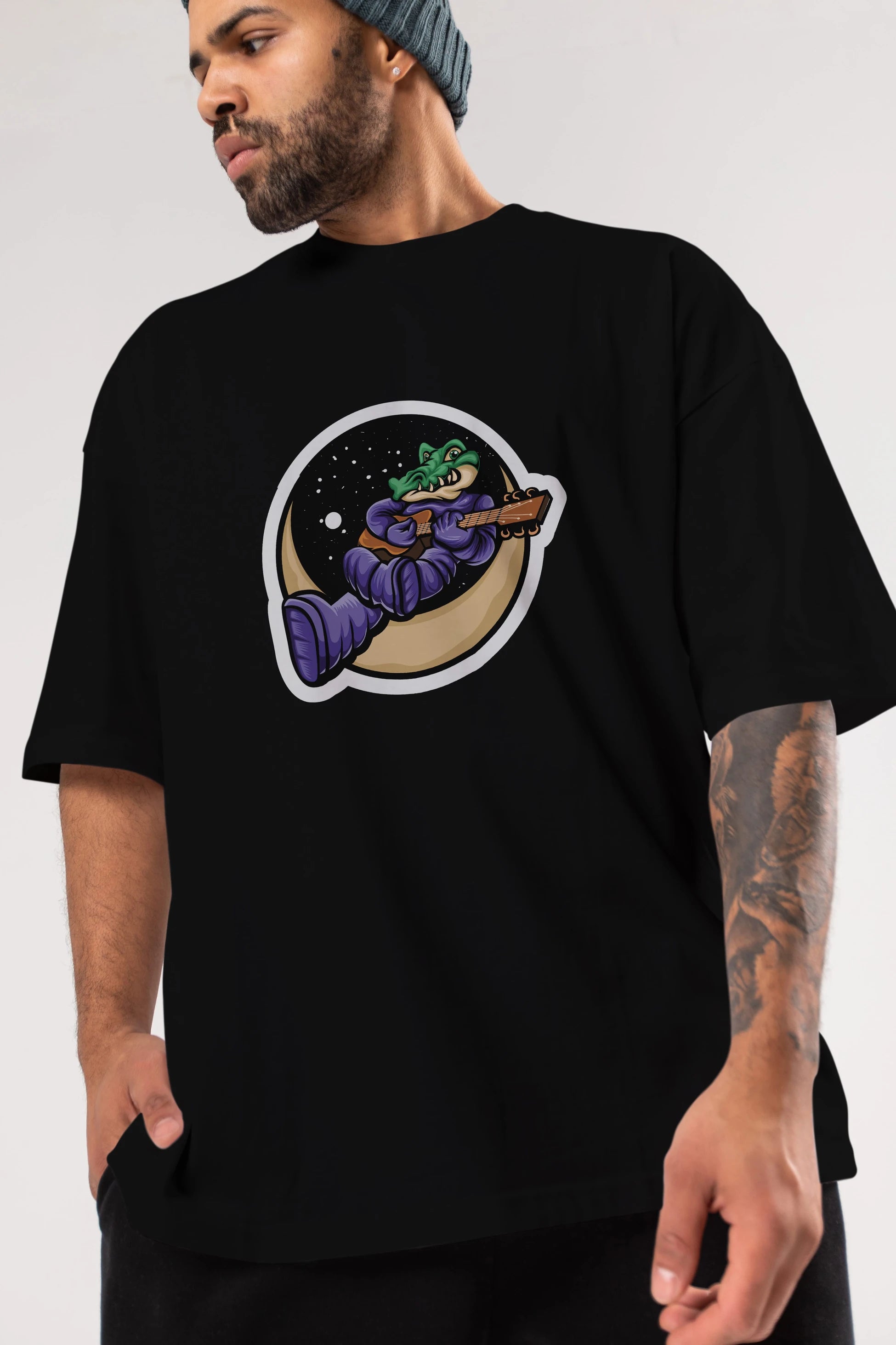 Space Crocodile Sticker Ön Baskılı Oversize t-shirt Erkek Kadın Unisex
