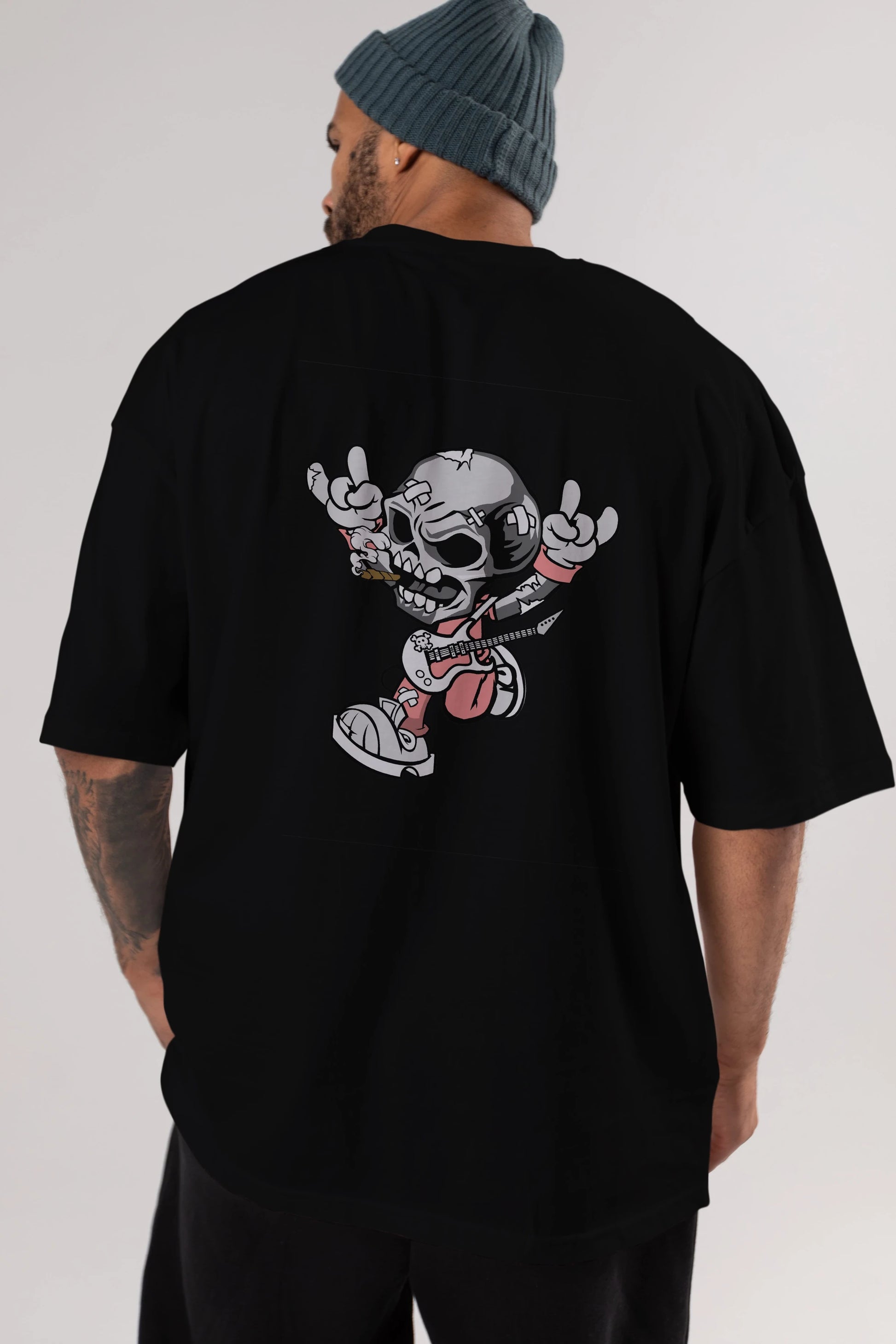 Skull Metal Sign Arka Baskılı Oversize t-shirt Erkek Kadın Unisex %100 Pamuk tişort
