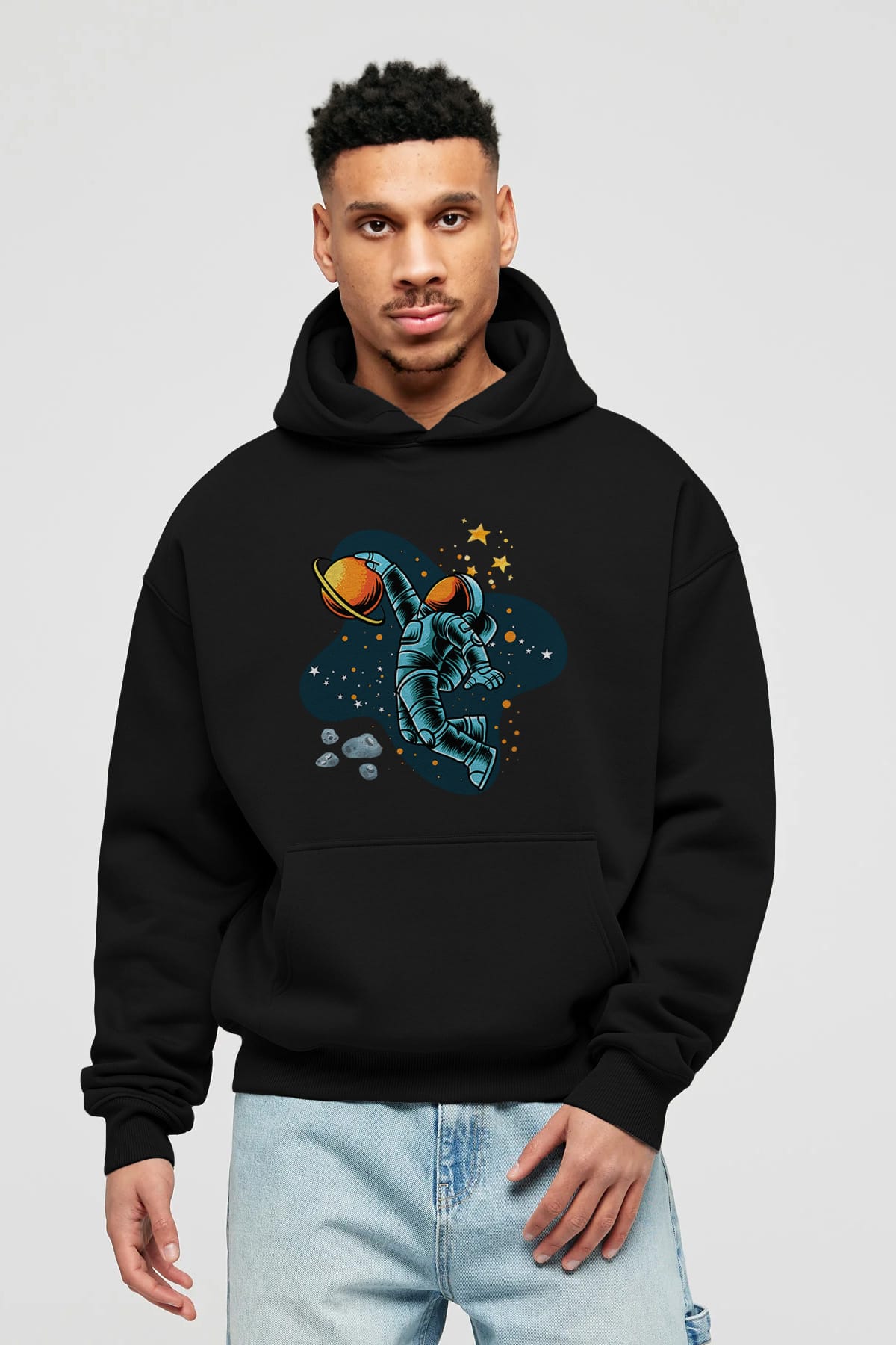 Astronot Basketbol Ön Baskılı Oversize Hoodie Kapüşonlu Sweatshirt Erkek Kadın Unisex