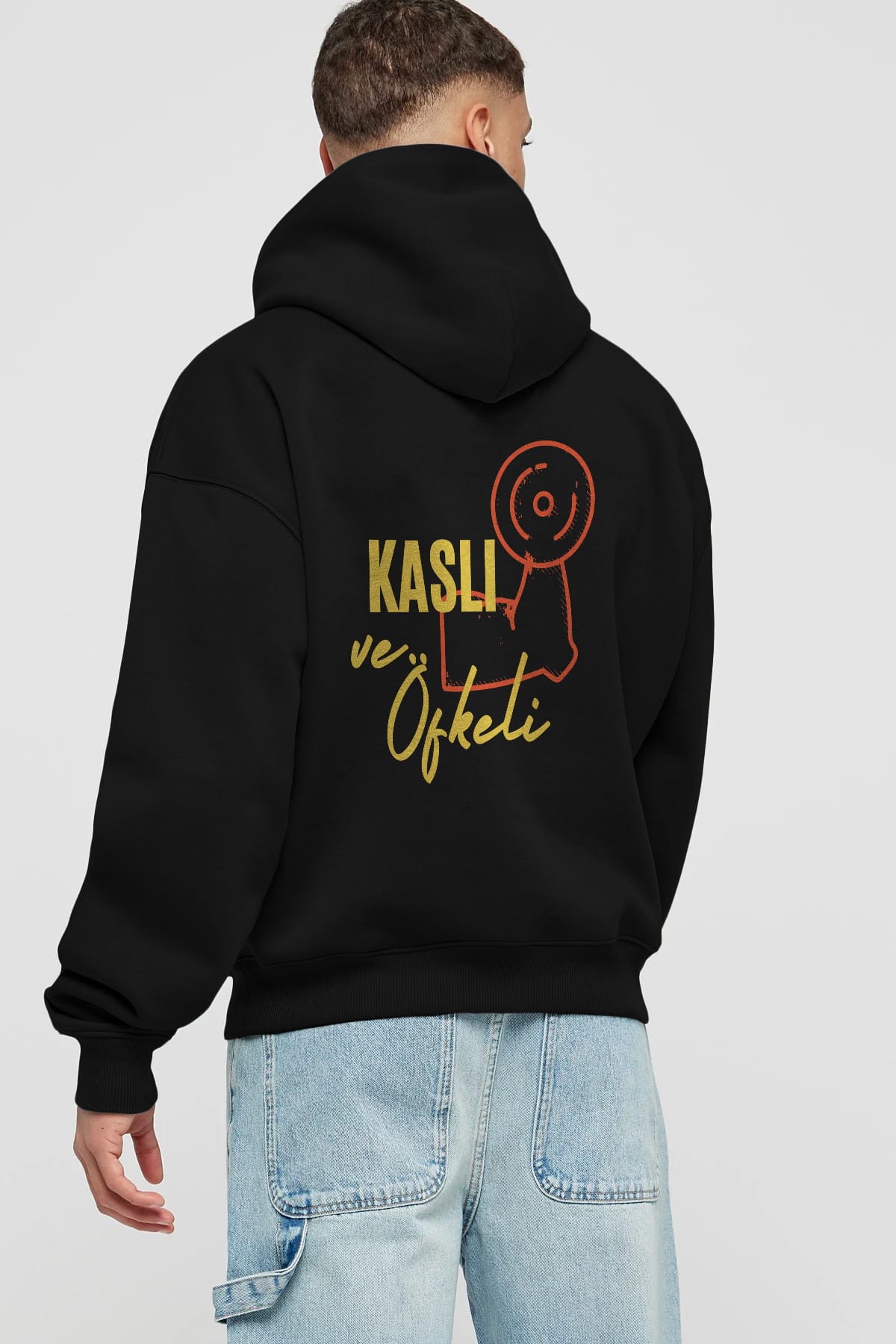 Kaslı ve Öfkeli Yazılı Arka Baskılı Oversize Hoodie Kapüşonlu Sweatshirt Erkek Kadın Unisex