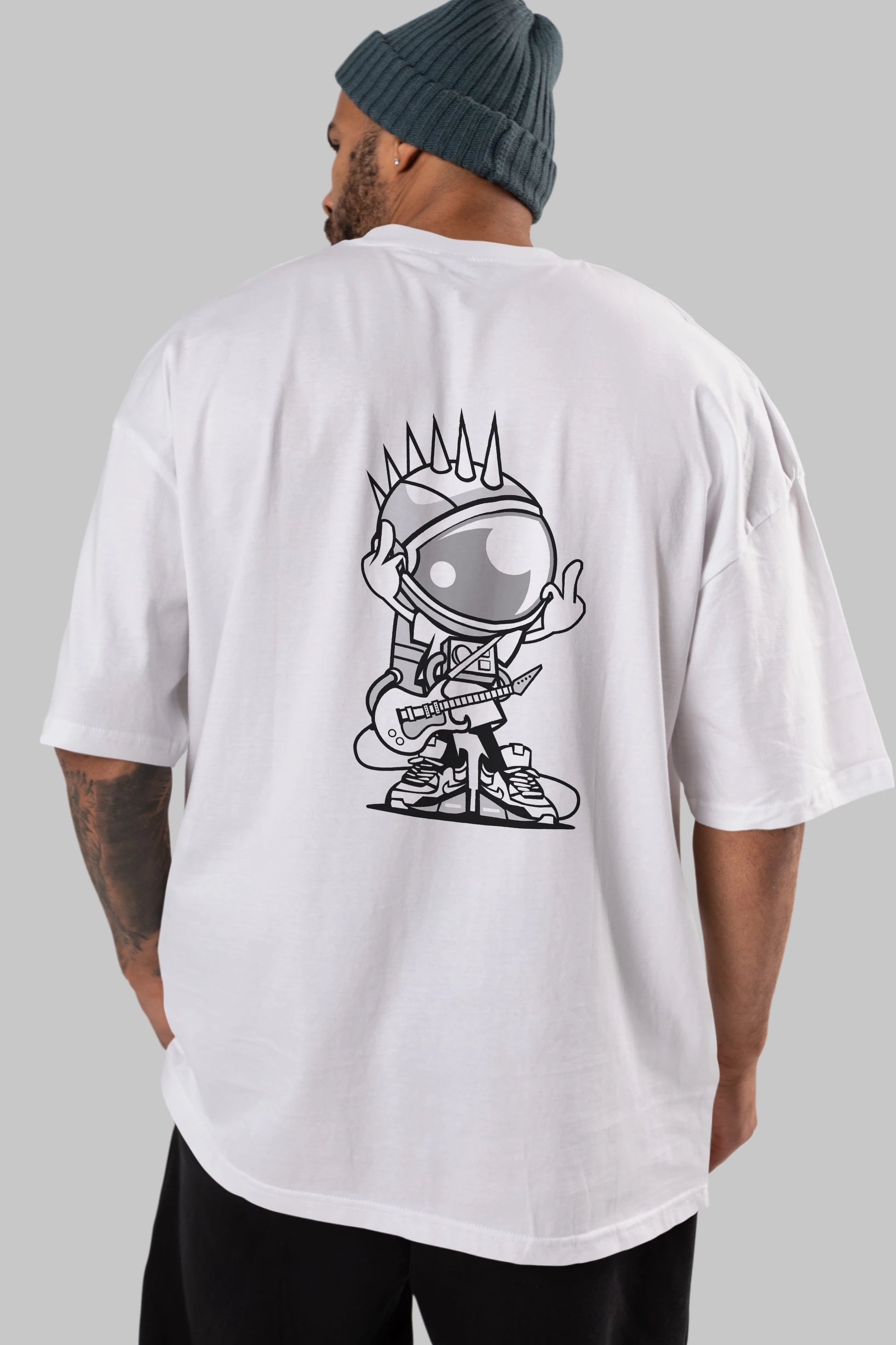 Astronaut Punk Rock Arka Baskılı Oversize t-shirt Erkek Kadın Unisex %100 Pamuk tişort