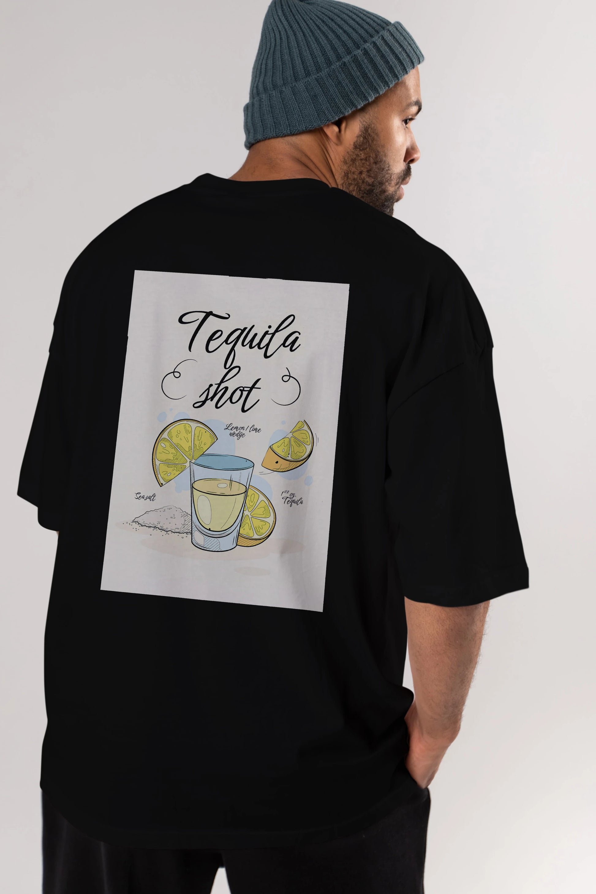 Tequila Shot Arka Baskılı Oversize t-shirt Erkek Kadın Unisex %100 Pamuk Bisiklet Yaka tişort