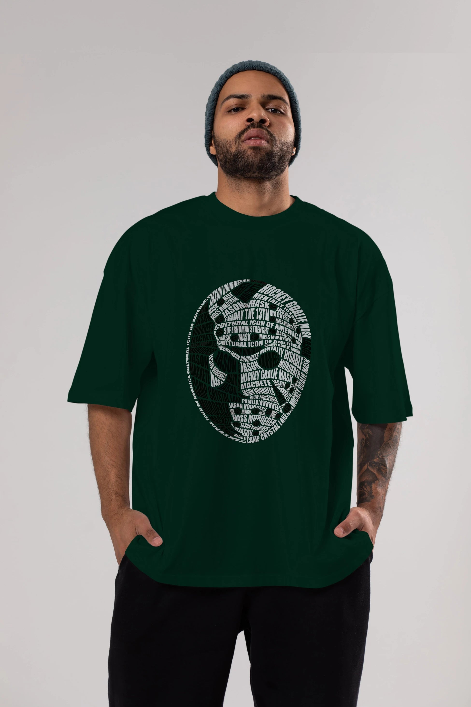 Jason Voorhees Calligram Ön Baskılı Oversize t-shirt %100 pamuk Erkek Kadın Unisex