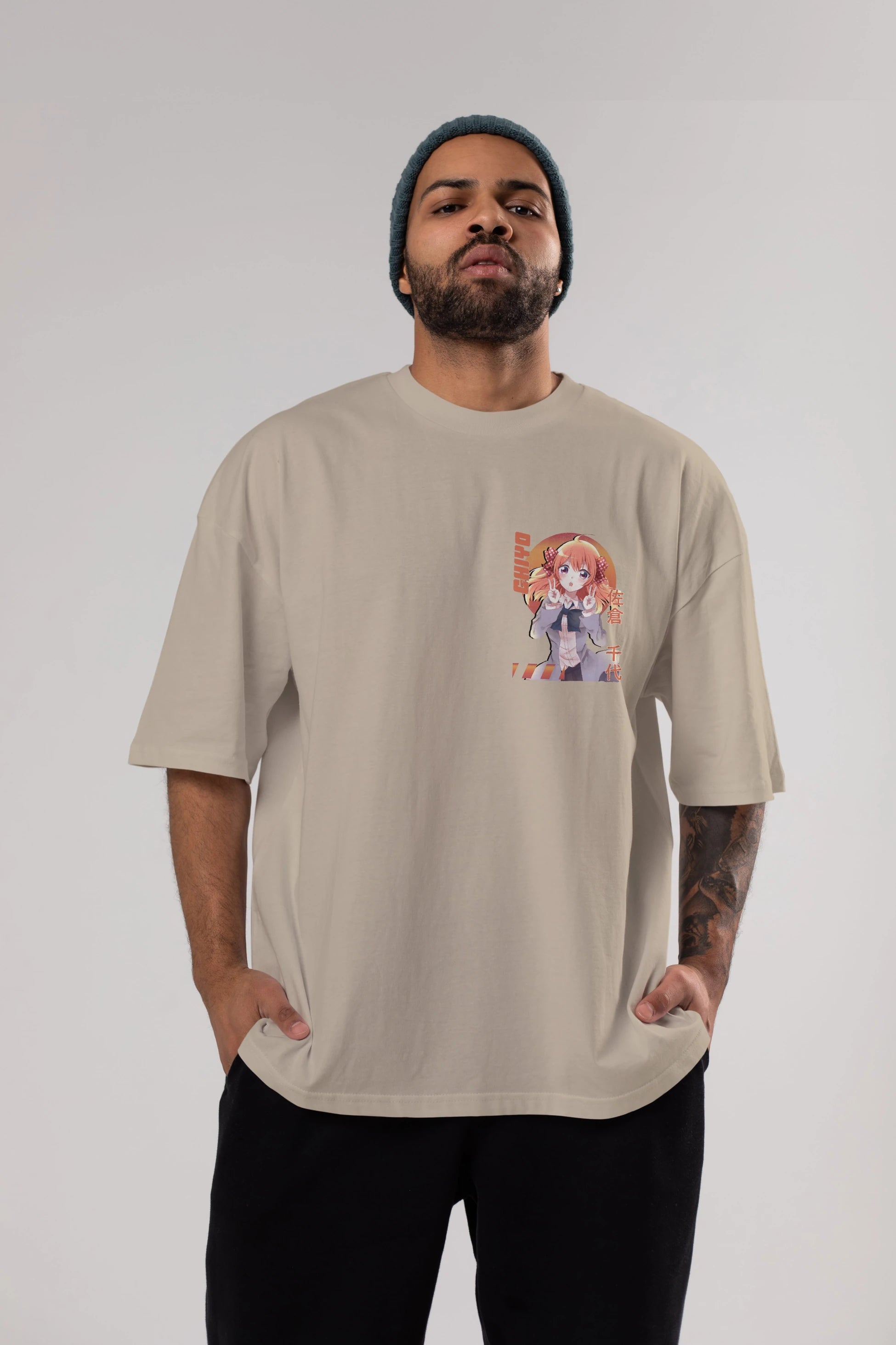 Chiyo Sakura 5 Ön Sol Baskılı Oversize t-shirt Erkek Kadın Unisex %100 Pamuk Bisiklet Yaka tişort