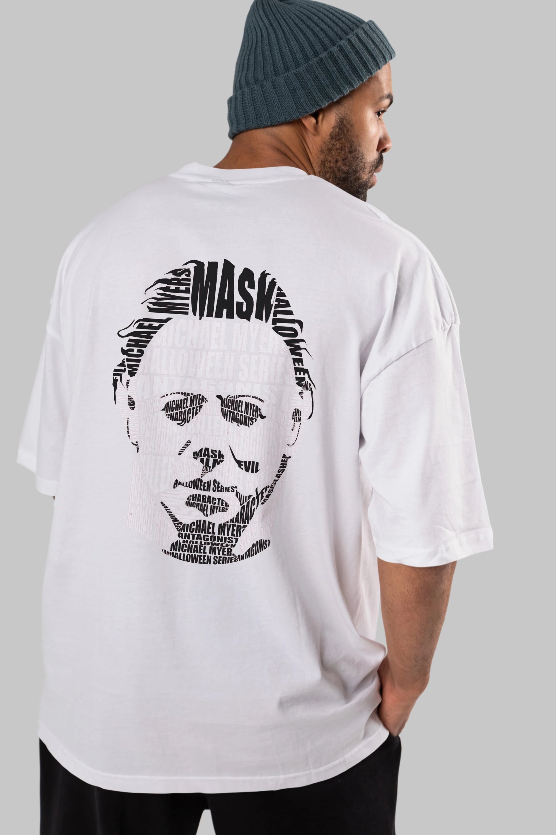Michael Myers Calligram Arka Baskılı Oversize t-shirt %100 pamuk Erkek Kadın Unisex