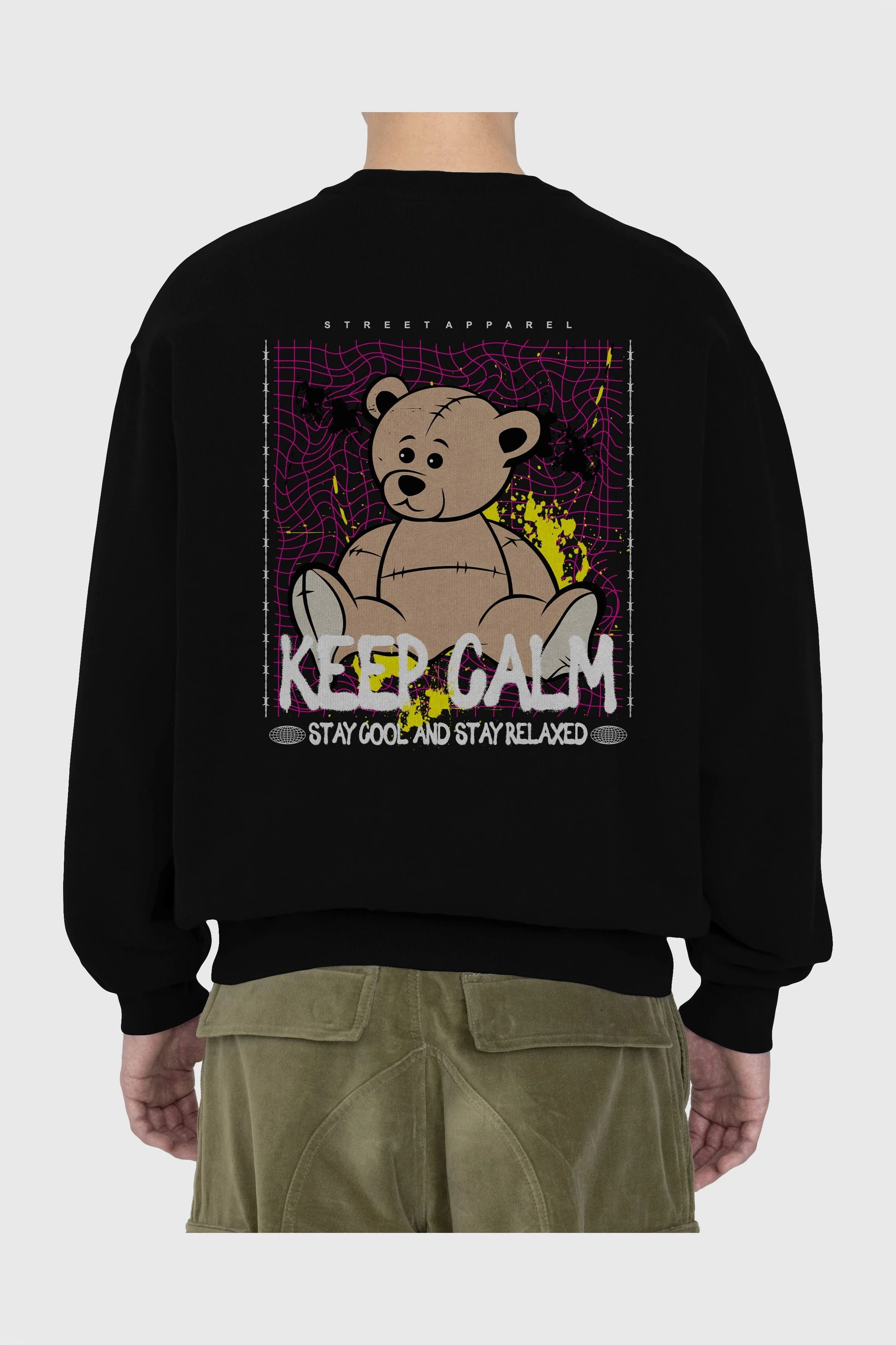 Keep Calm Bear Arka Baskılı Oversize Sweatshirt Erkek Kadın Unisex