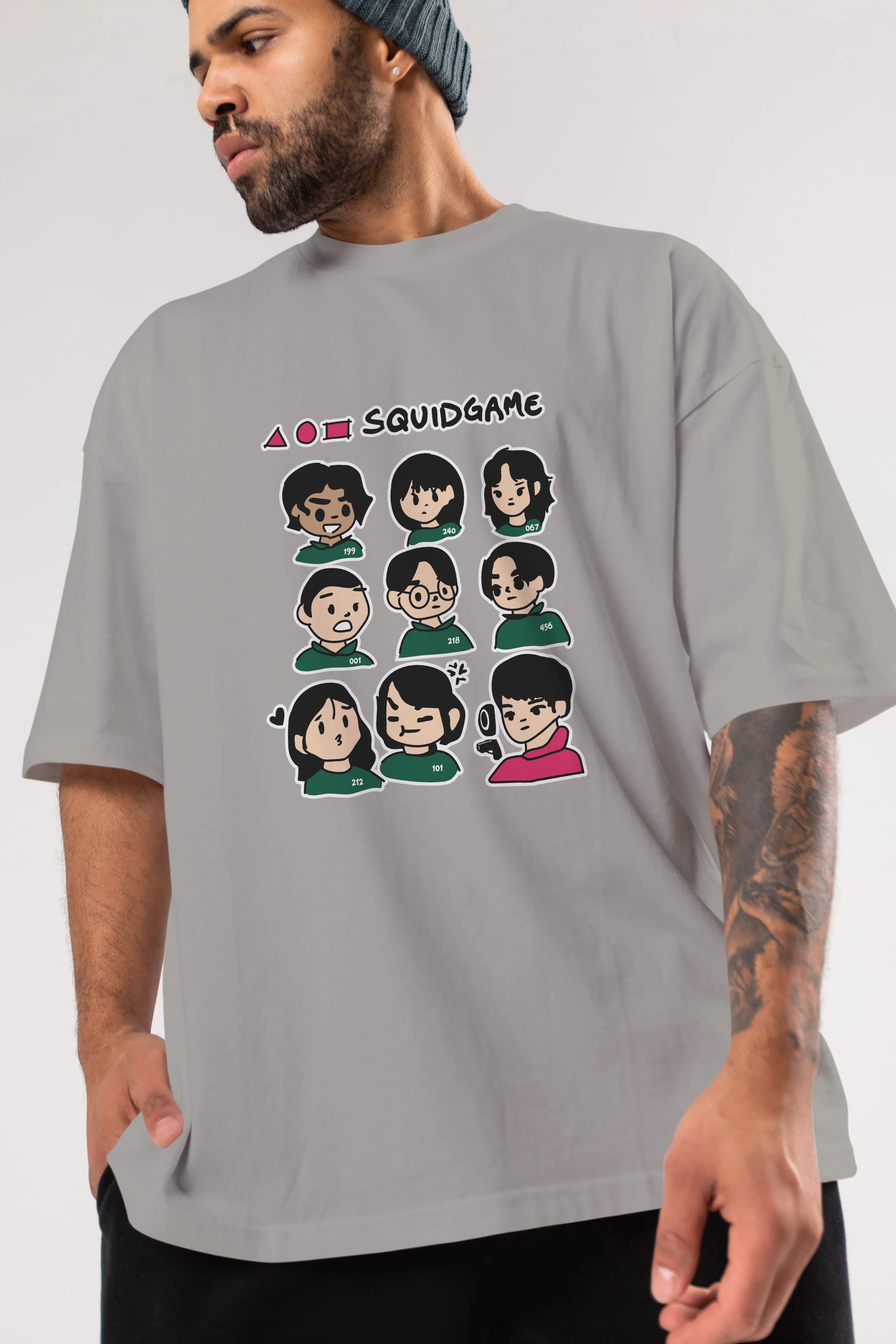 Squid Game (3) Ön Baskılı Oversize t-shirt Erkek Kadın Unisex %100 Pamuk Bisiklet Yaka tişort