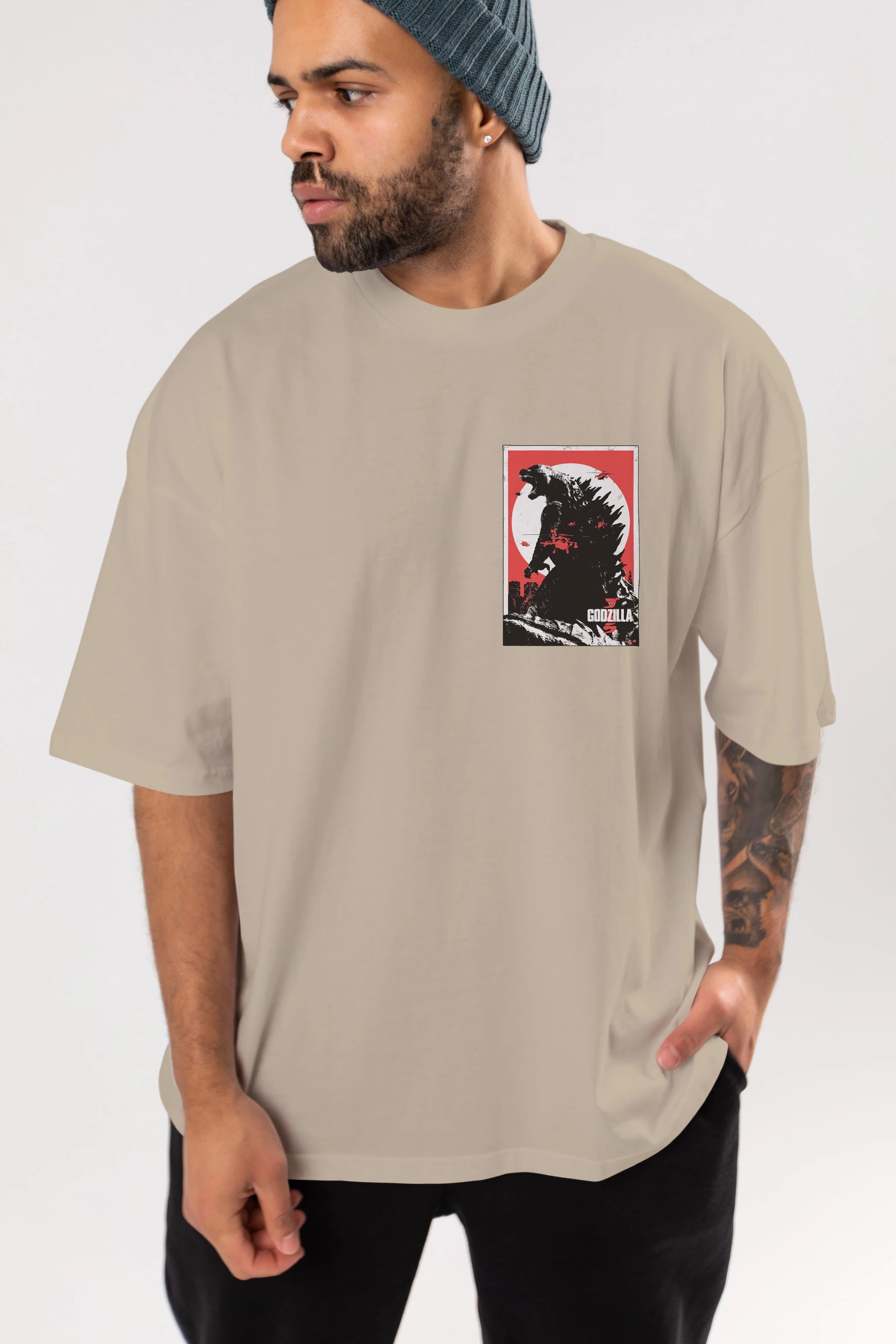 Godzilla (2) Ön Sol Baskılı Oversize t-shirt Erkek Kadın Unisex %100 Pamuk Bisiklet Yaka tişort