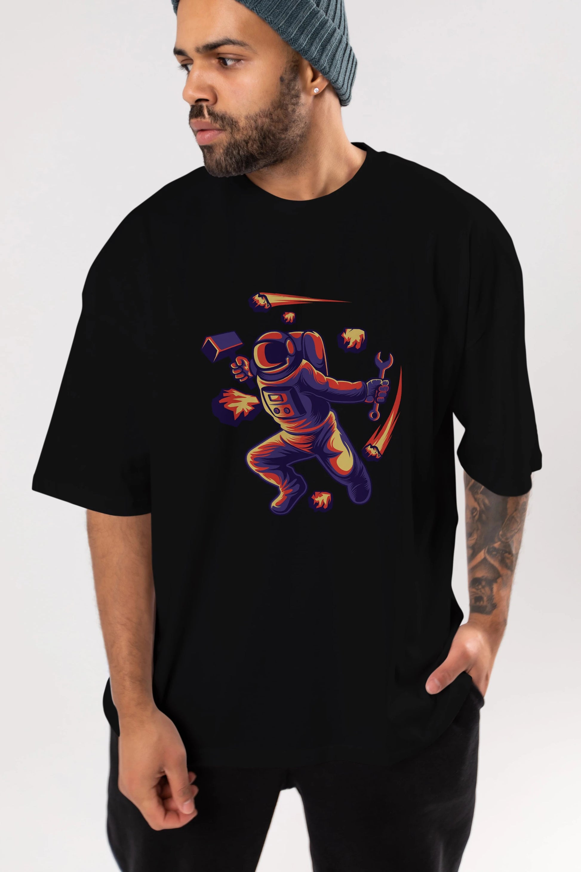 Astronaut Block Meteor Ön Baskılı Oversize t-shirt Erkek Kadın Unisex