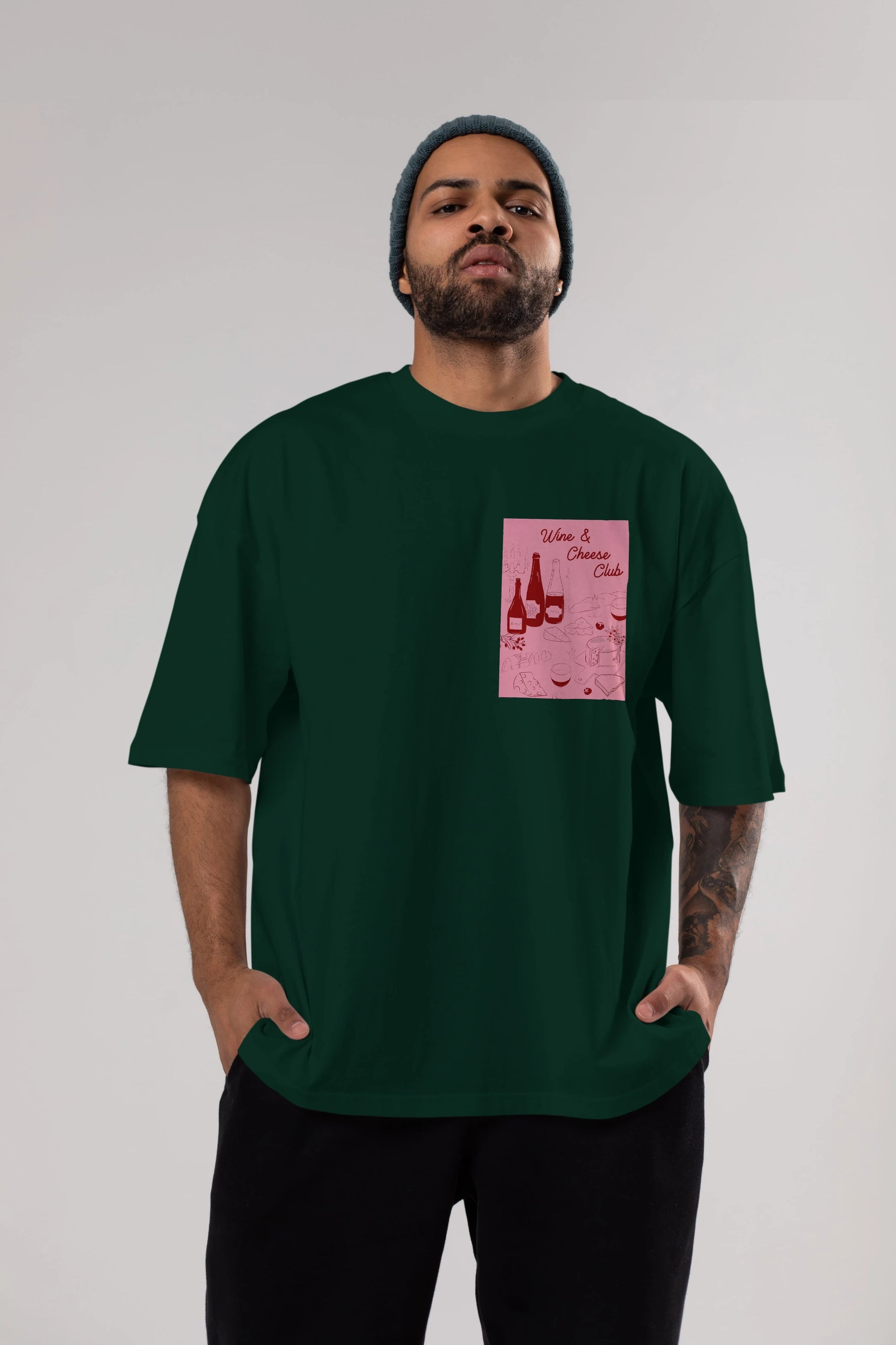 Wine Cheese Club Ön Sol Baskılı Oversize t-shirt Erkek Kadın Unisex %100 Pamuk Bisiklet Yaka tişort