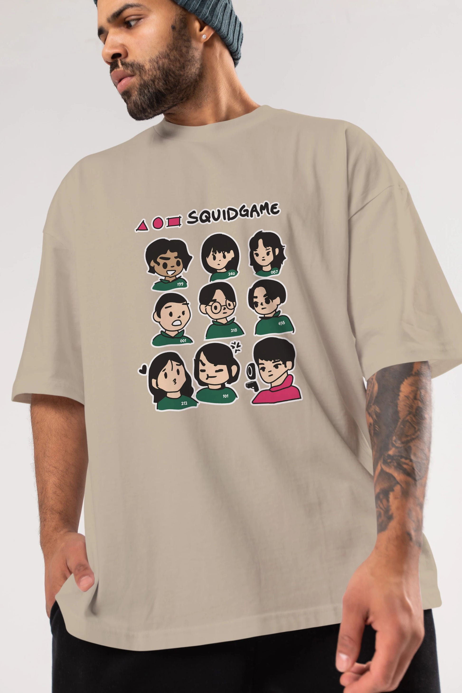Squid Game (3) Ön Baskılı Oversize t-shirt Erkek Kadın Unisex %100 Pamuk Bisiklet Yaka tişort