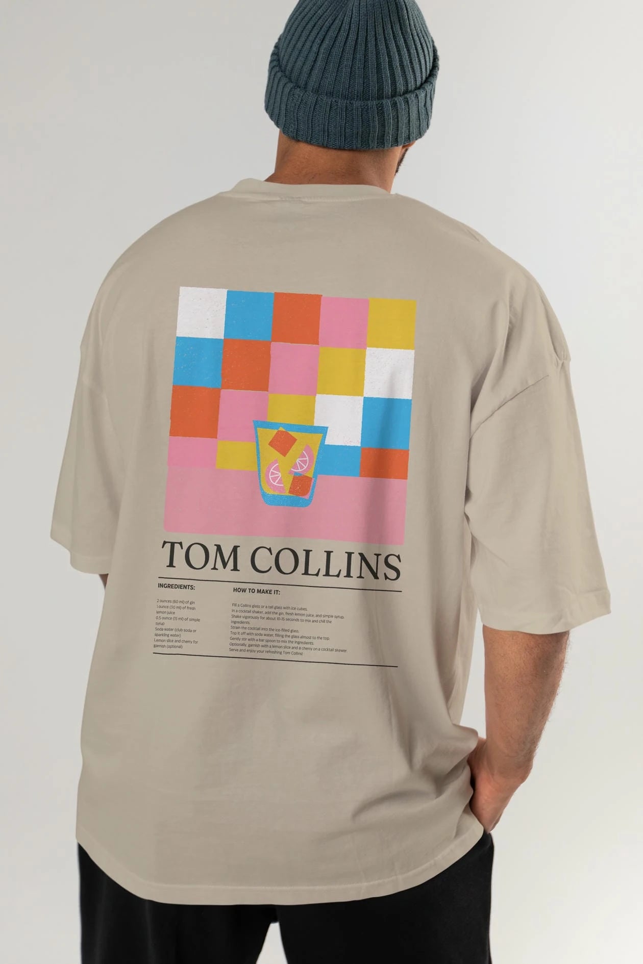 Tom Collins Kokteyl Serisi Arka Baskılı Oversize t-shirt Erkek Kadın %100 Pamuk Bisiklet Yaka tişort