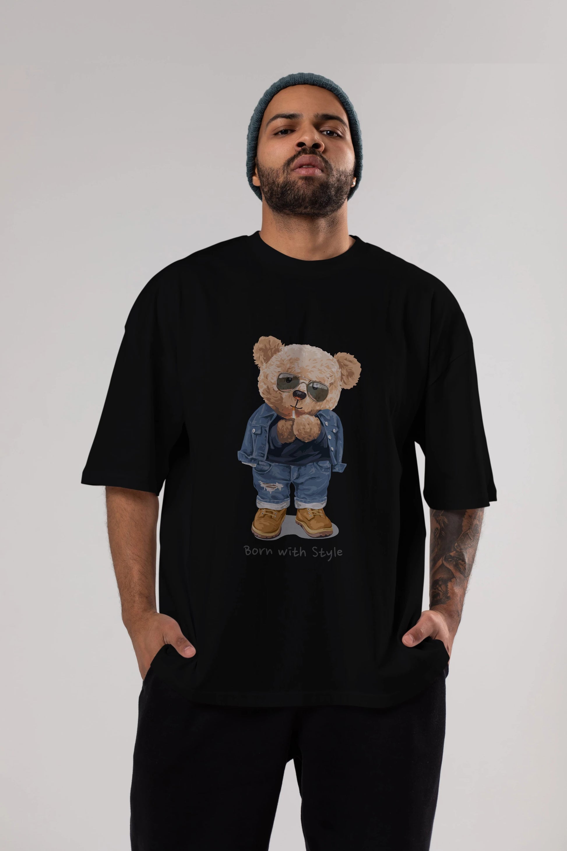 Teddy Bear Born With Style Ön Baskılı Oversize t-shirt Erkek Kadın Unisex %100 Pamuk
