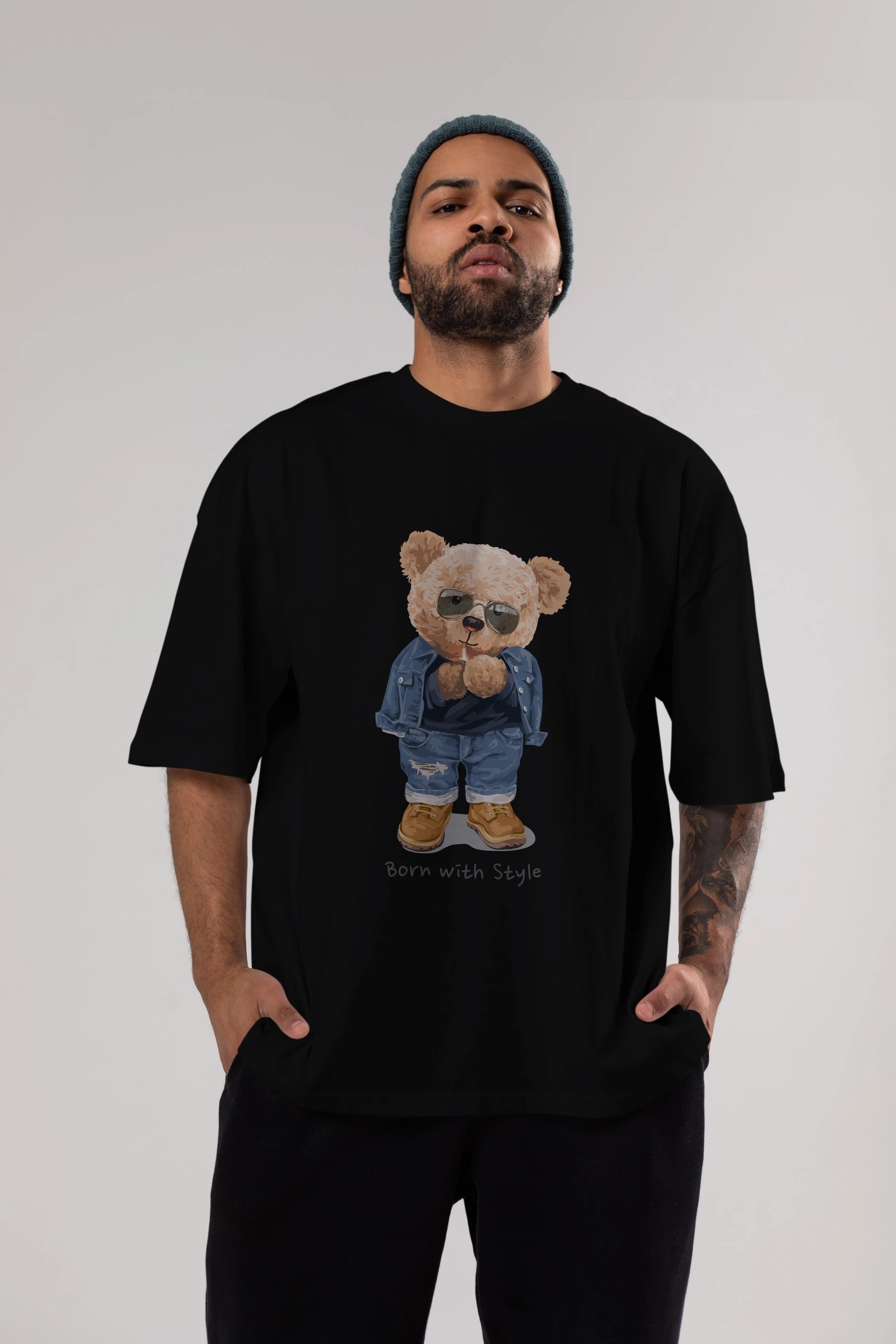 Teddy Bear Born With Style Ön Baskılı Oversize t-shirt Erkek Kadın Unisex %100 Pamuk