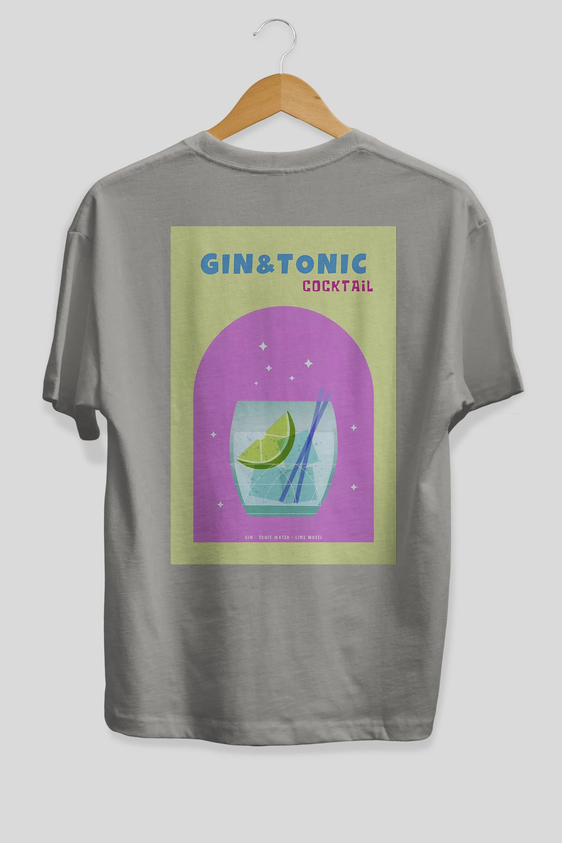Gin Tonic Cocktail Arka Baskılı Oversize t-shirt Erkek Kadın Unisex %100 Pamuk Bisiklet Yaka tişort