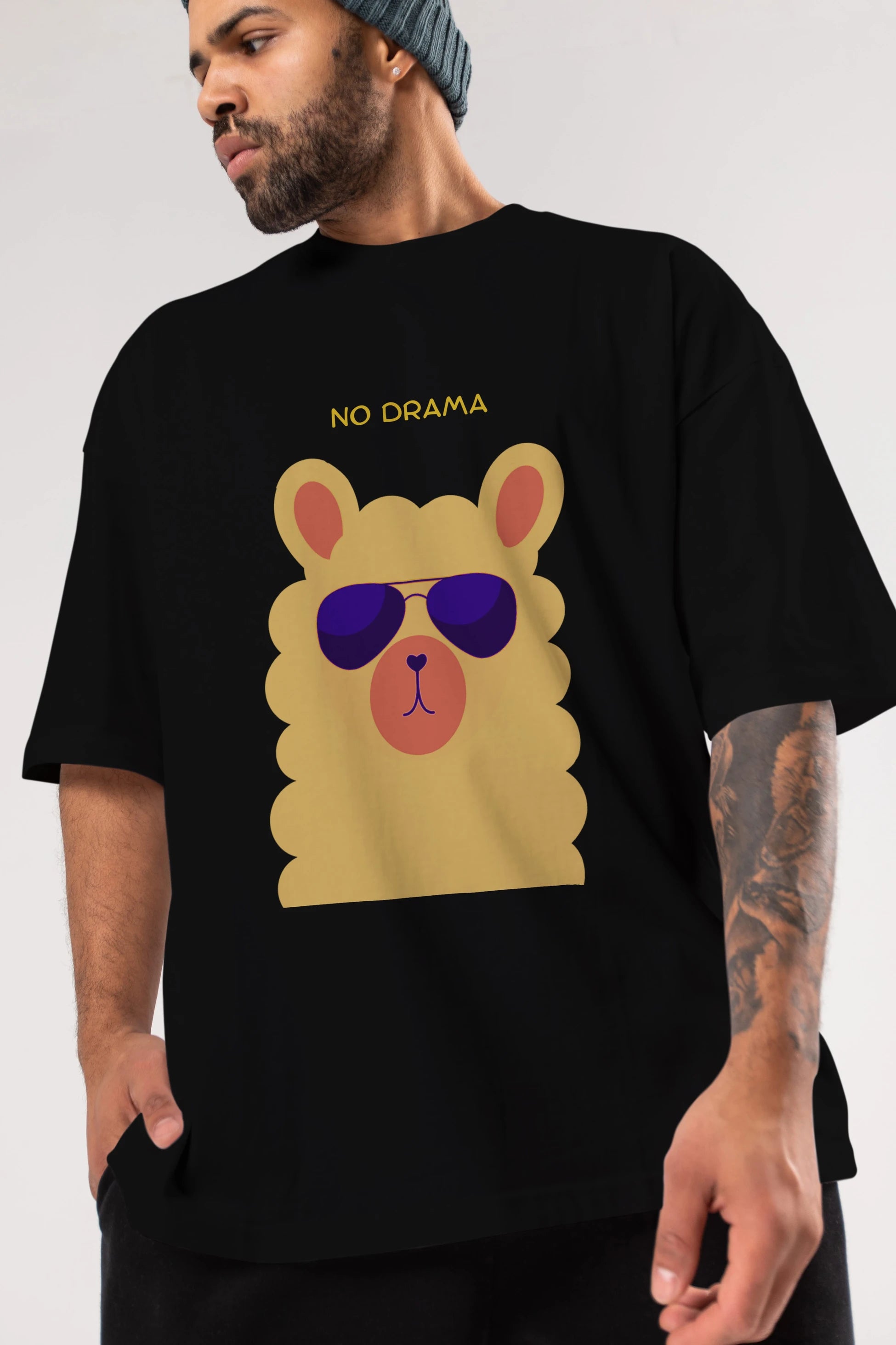No Drama Yazılı Lama Ön Baskılı Oversize t-shirt Erkek Kadın Unisex