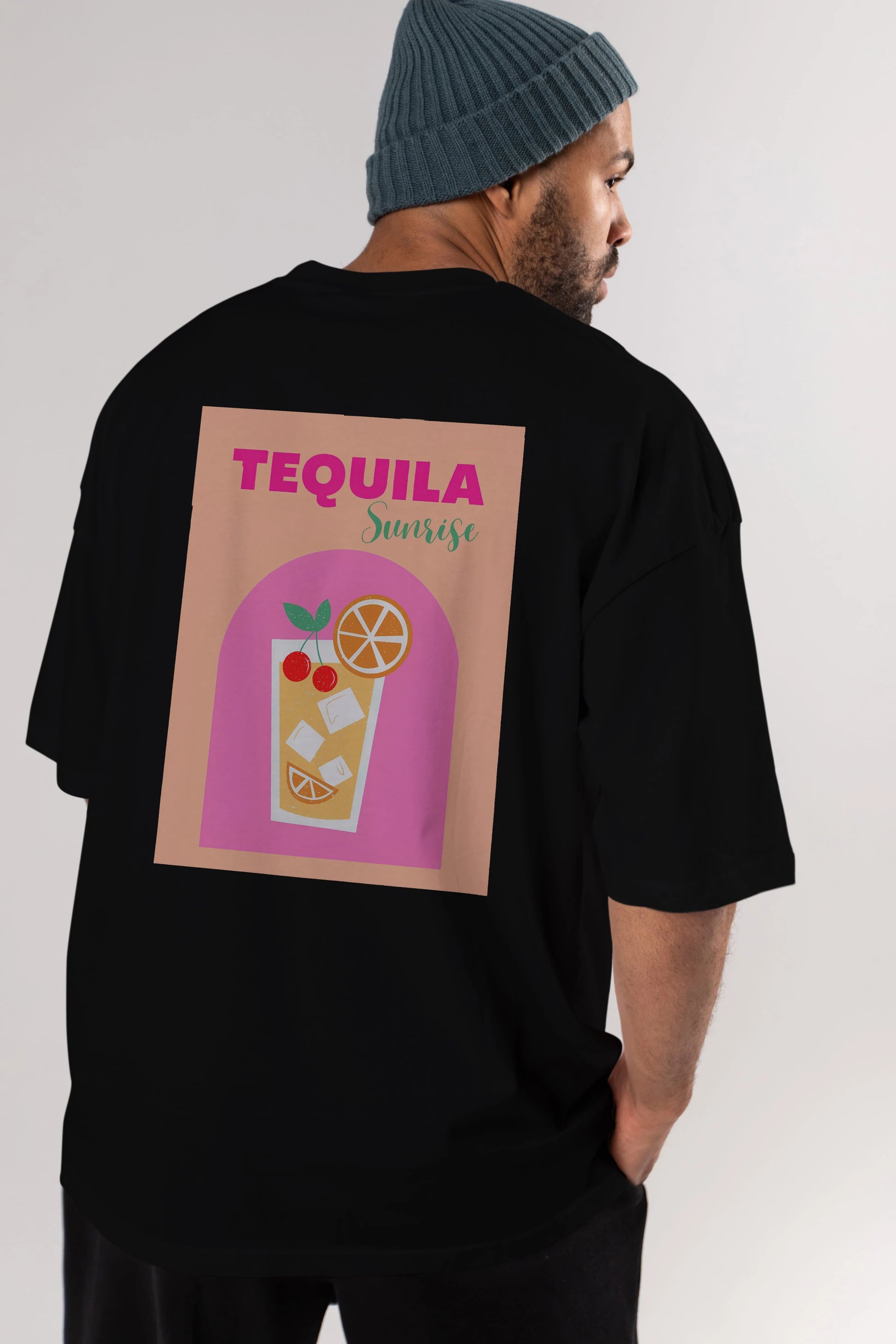 Tequila Sunrise 2 Arka Baskılı Oversize t-shirt Erkek Kadın Unisex %100 Pamuk Bisiklet Yaka tişort