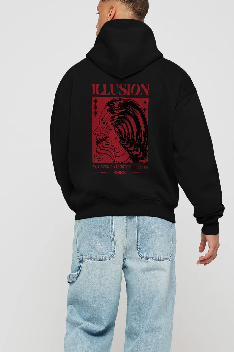 Illusion Streetwear Arka Baskılı Oversize Hoodie Kapüşonlu Sweatshirt Erkek Kadın Unisex