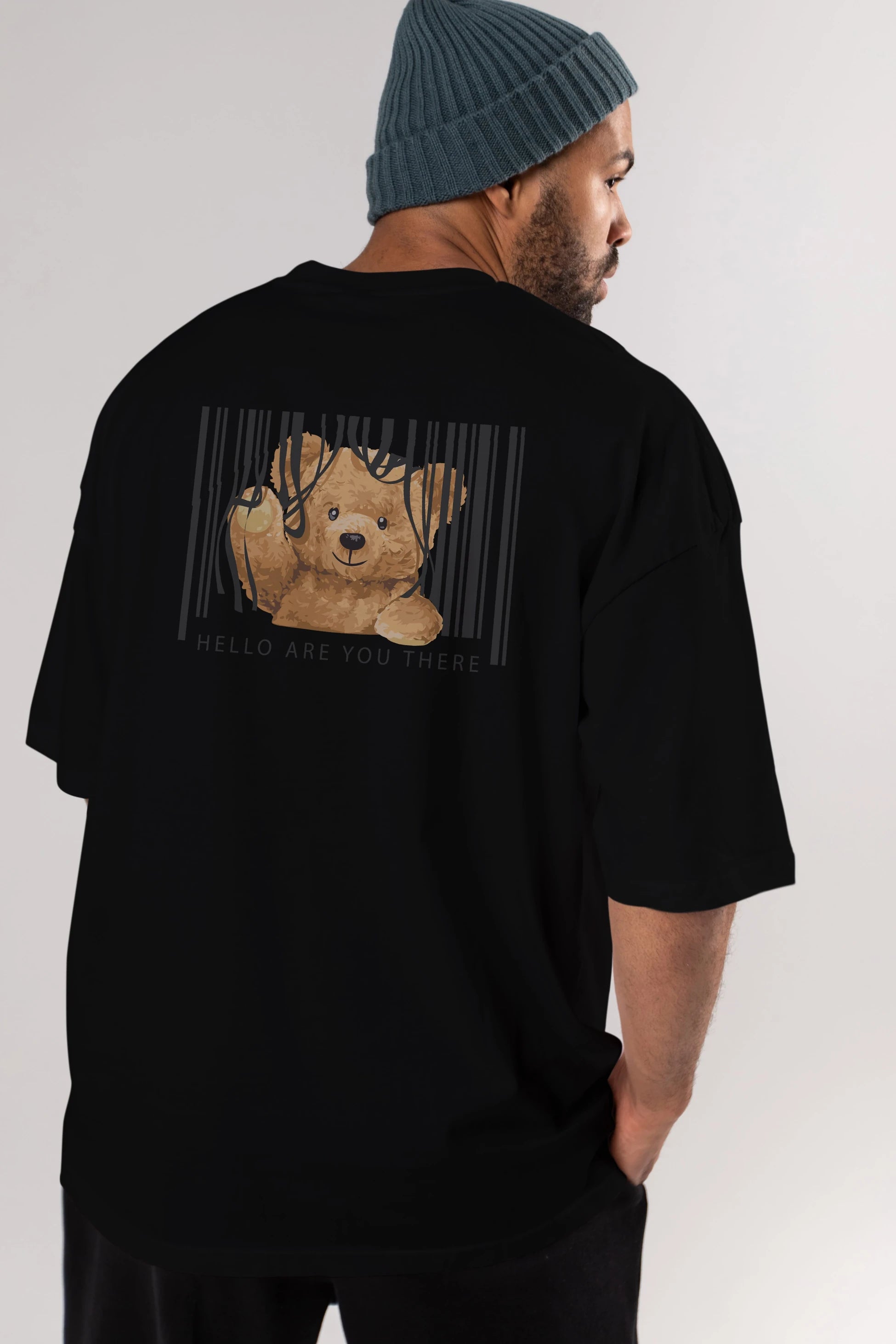 Teddy Bear Hello Arka Baskılı Oversize t-shirt Erkek Kadın Unisex %100 Pamuk