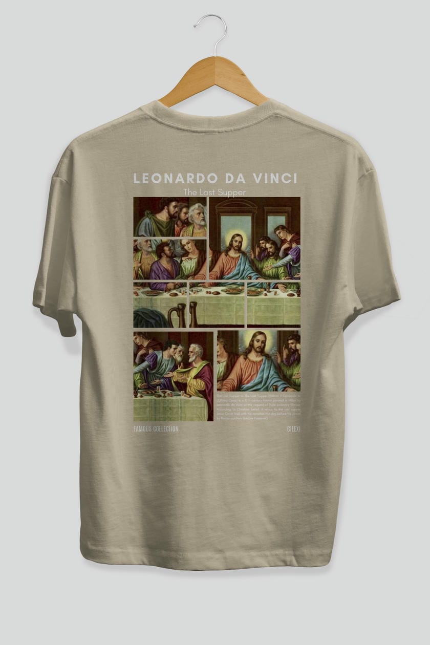 Leonardo Da Vinci Arka Baskılı Oversize t-shirt Erkek Kadın Bisiklet Yaka Pamuk tişort