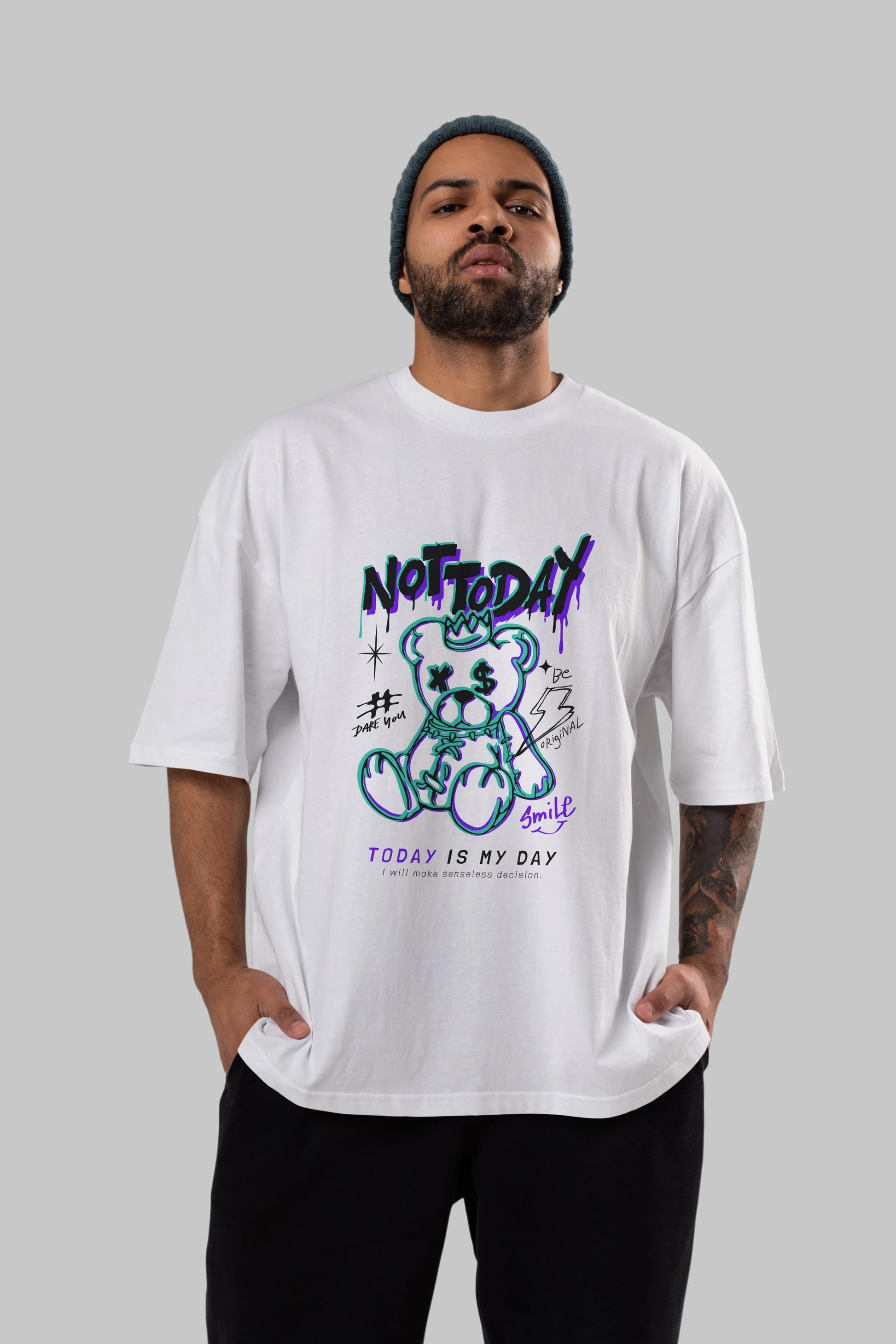 Teddy Bear Not Today Ön Baskılı Oversize t-shirt Erkek Kadın Unisex