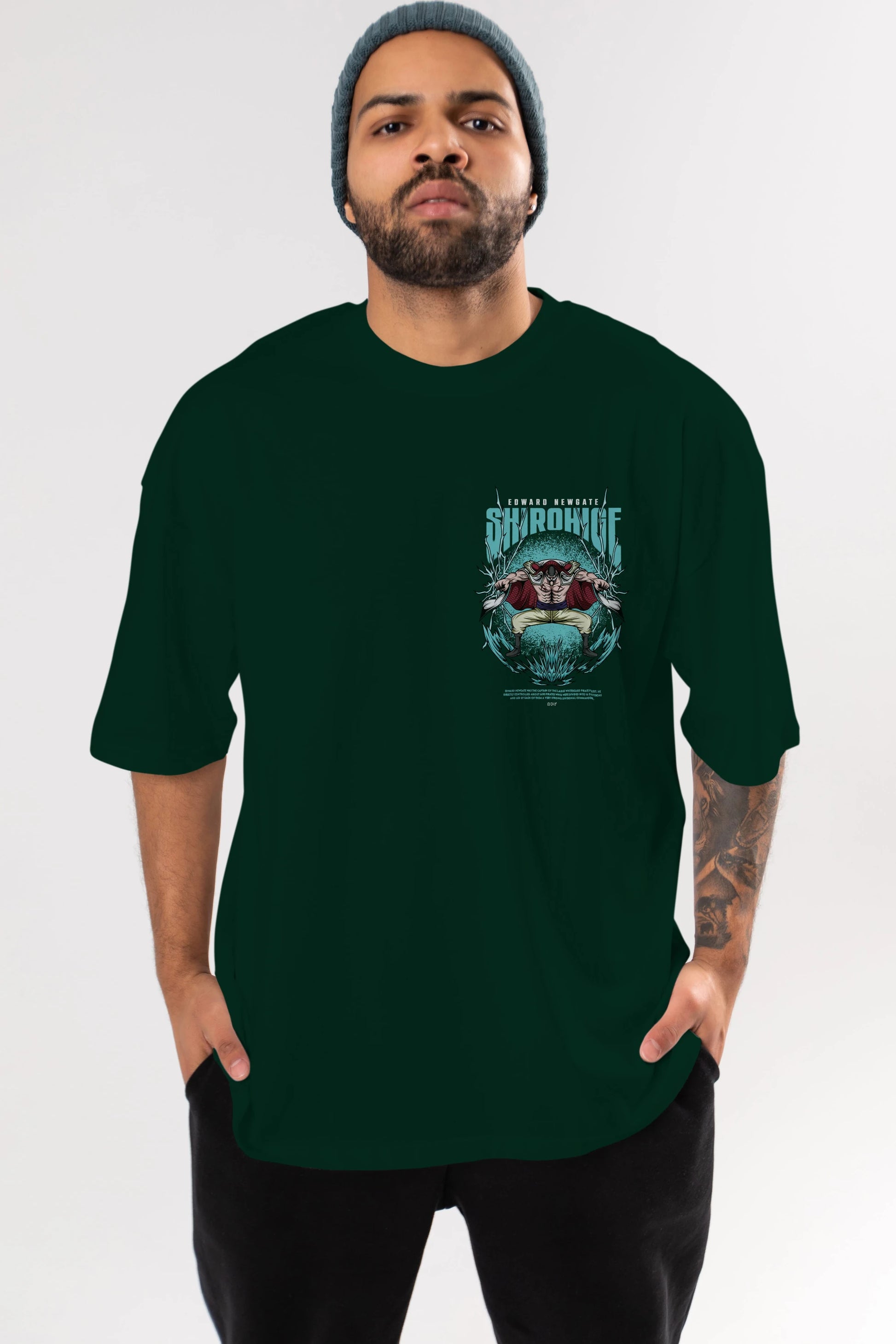 Shirohige Ön Sol Baskılı Oversize t-shirt Erkek Kadın Unisex %100 Pamuk Bisiklet Yaka tişort