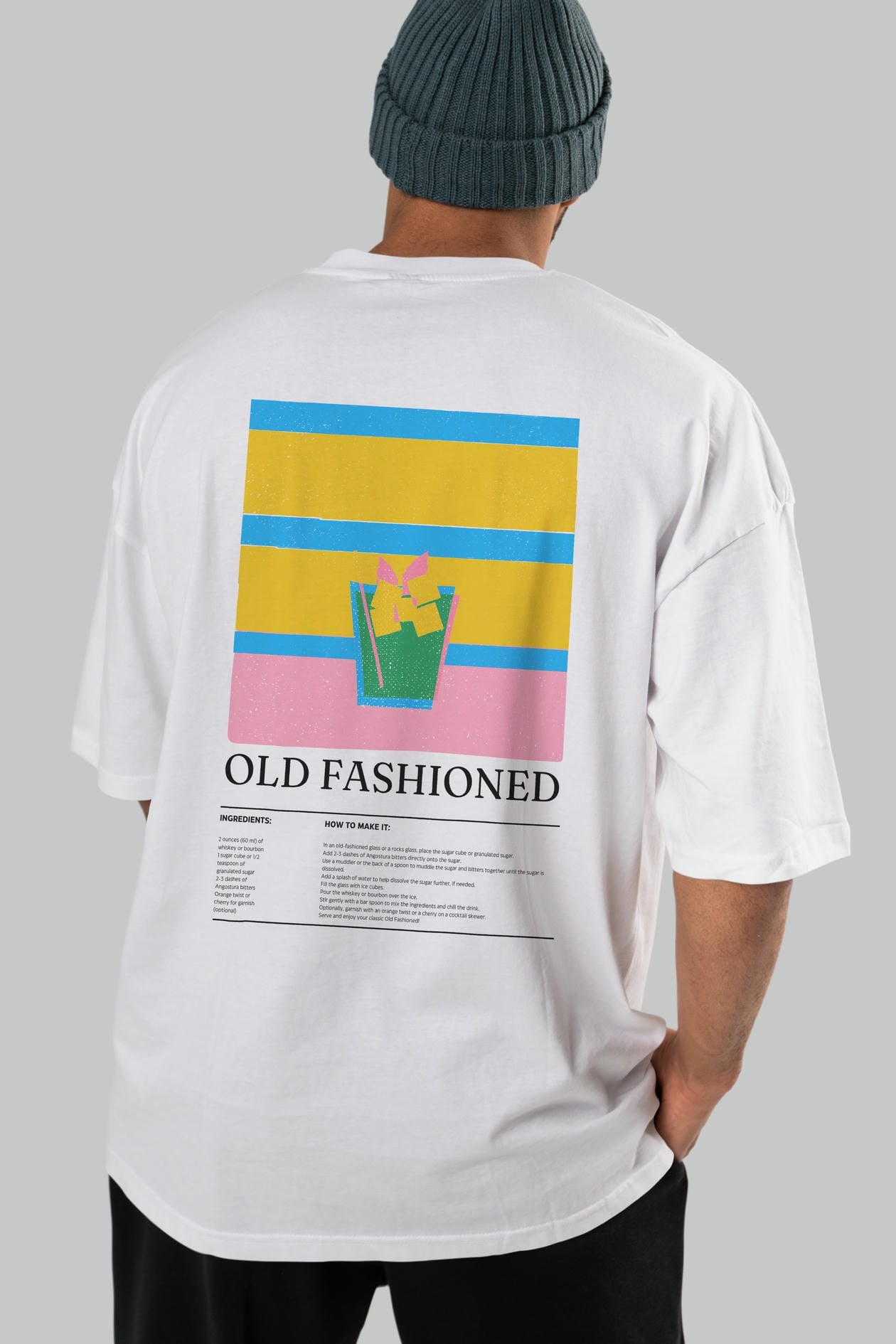 Old Fashioned Kokteyl Serisi Arka Baskılı Oversize t-shirt Erkek Kadın %100 Pamuk Bisiklet Yaka tişort