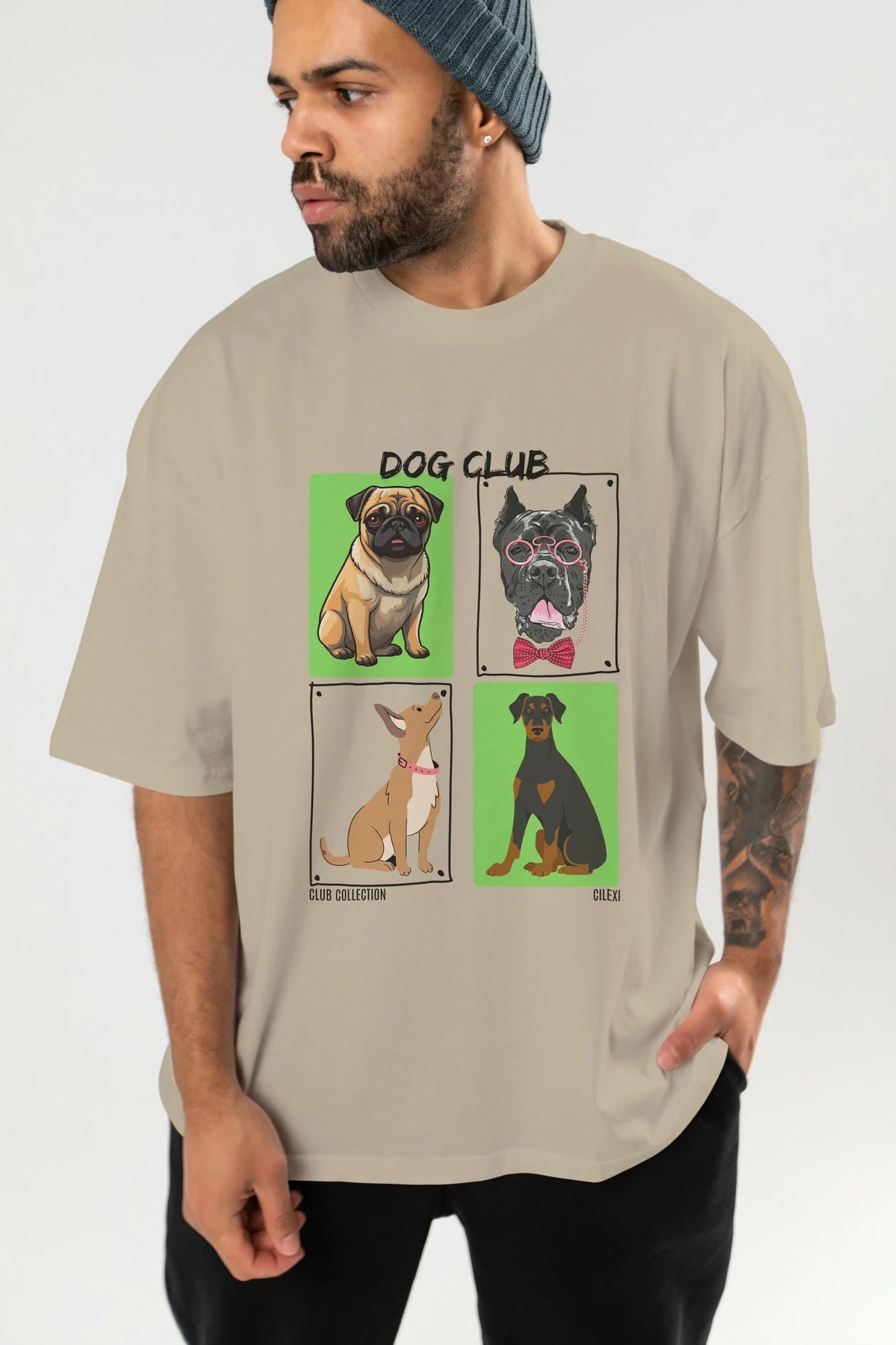 Dog Club ön Baskılı Oversize t-shirt Erkek Kadın %100 Pamuk Bisiklet Yaka tişort