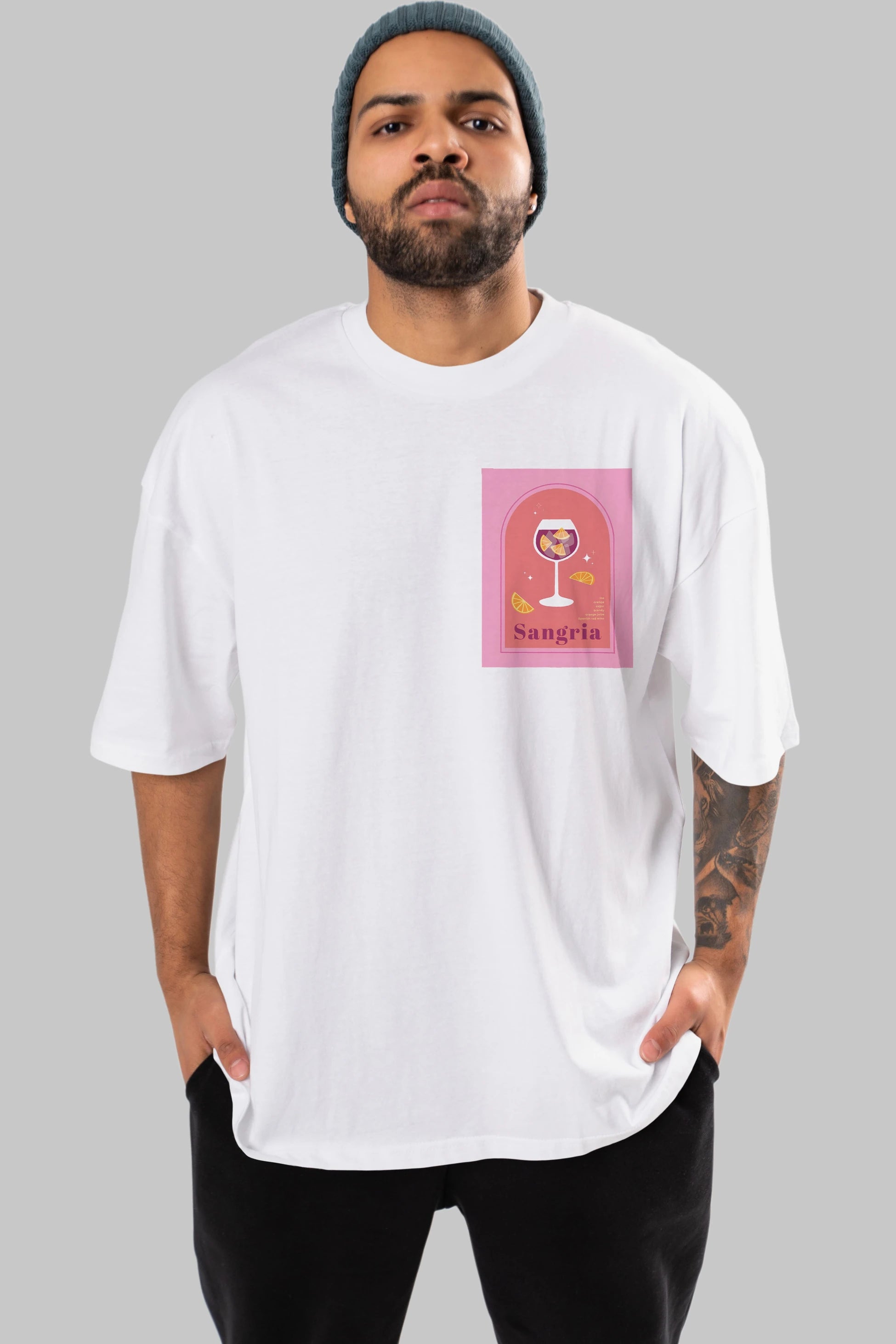 Sangria Ön Sol Baskılı Oversize t-shirt Erkek Kadın Unisex %100 Pamuk Bisiklet Yaka tişort