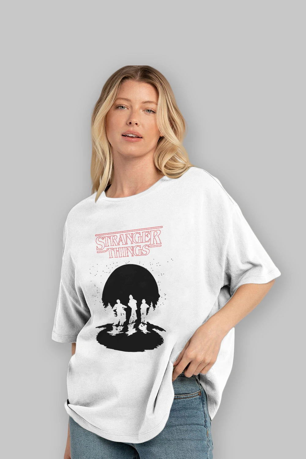 Stranger Things Ön Baskılı Oversize t-shirt Erkek Kadın Unisex %100 Pamuk Bisiklet Yaka tişort