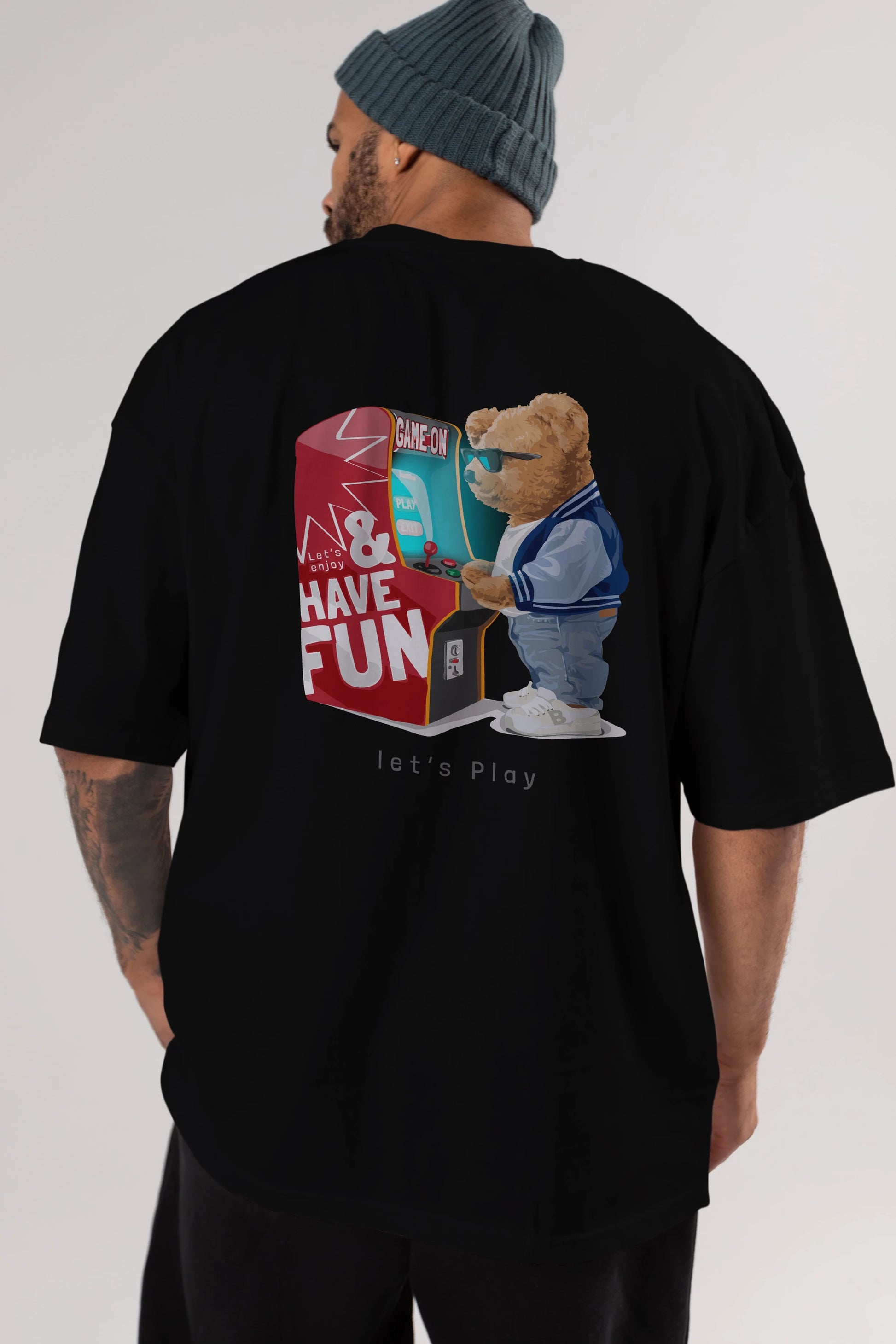Teddy Bear Lets Play Arka Baskılı Oversize t-shirt Erkek Kadın Unisex %100 Pamuk
