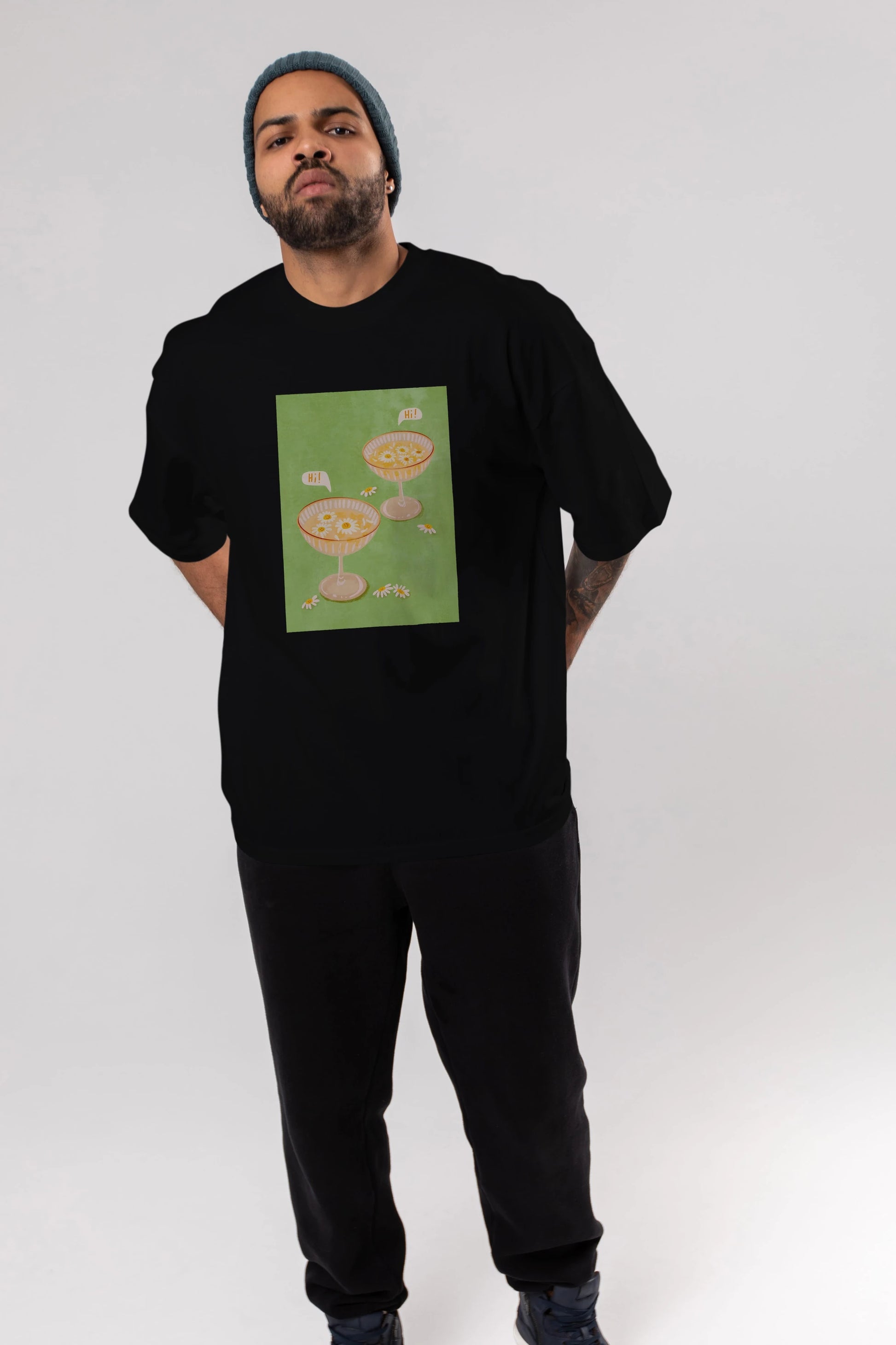 Hi Cheers Ön Baskılı Oversize t-shirt Erkek Kadın Unisex %100 Pamuk Bisiklet Yaka tişort