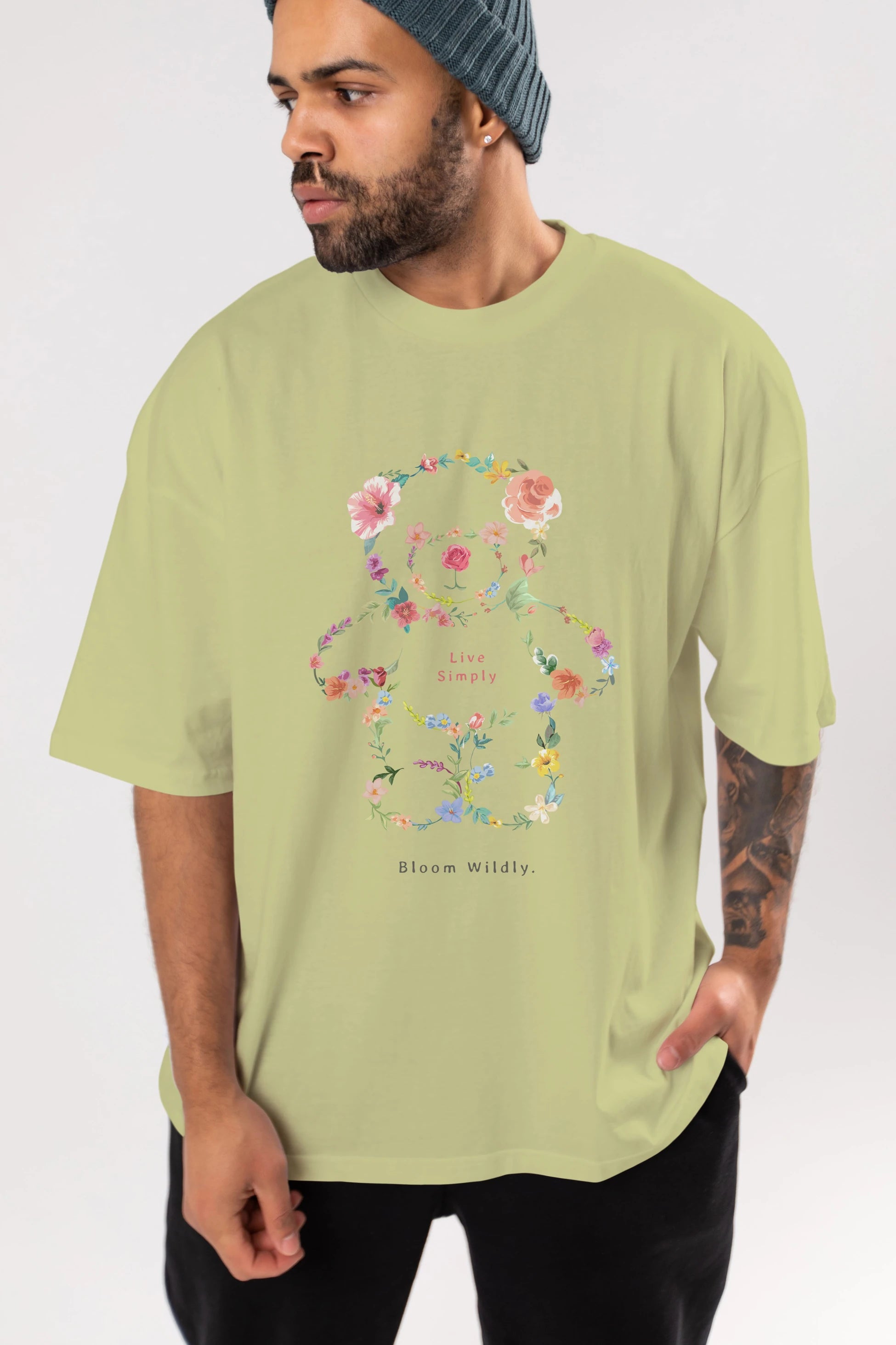 Teddy Bear Flowers Ön Baskılı Oversize t-shirt Erkek Kadın Unisex