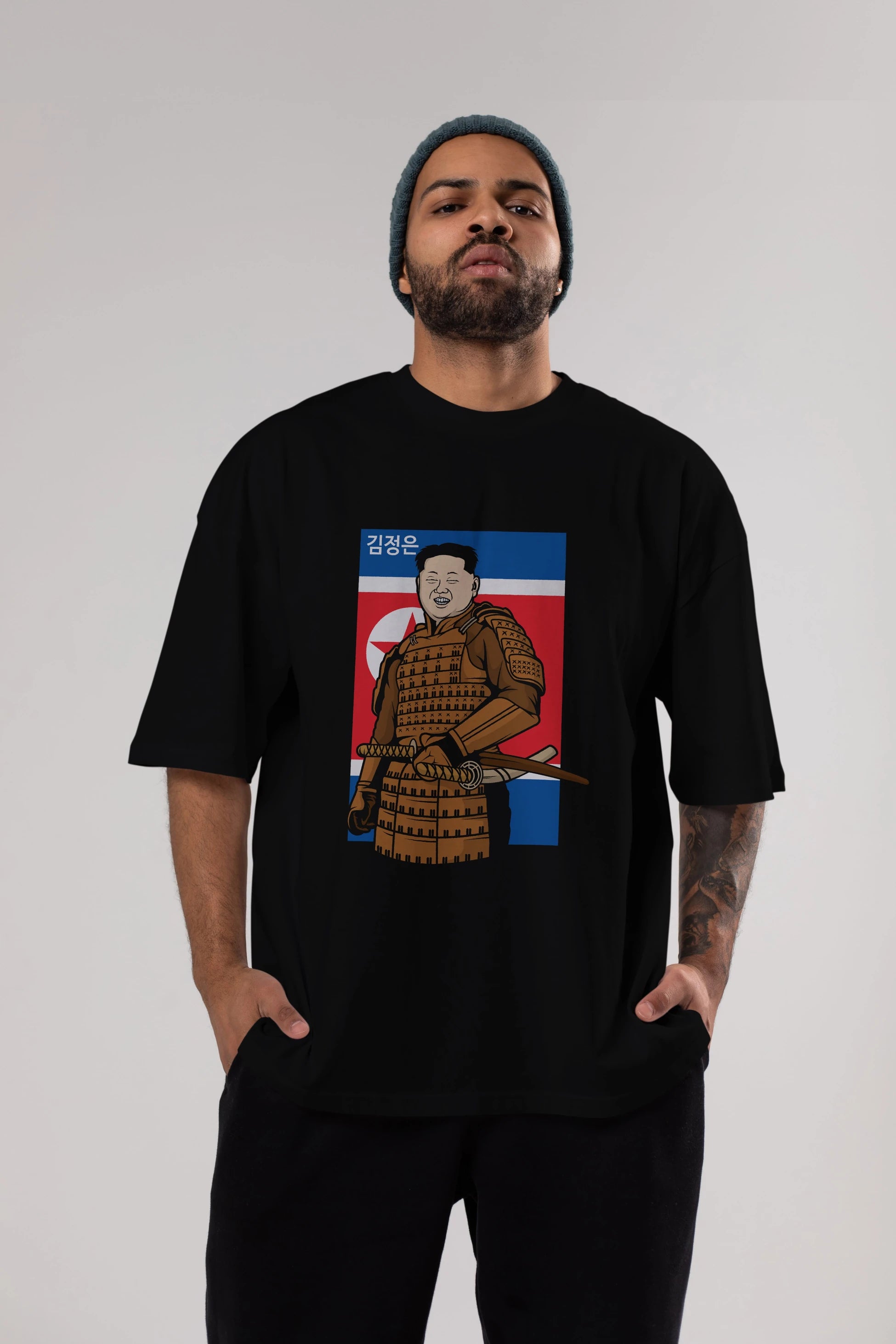 Samurai Jong Un Ön Baskılı Oversize t-shirt Erkek Kadın Unisex %100 Pamuk tişort