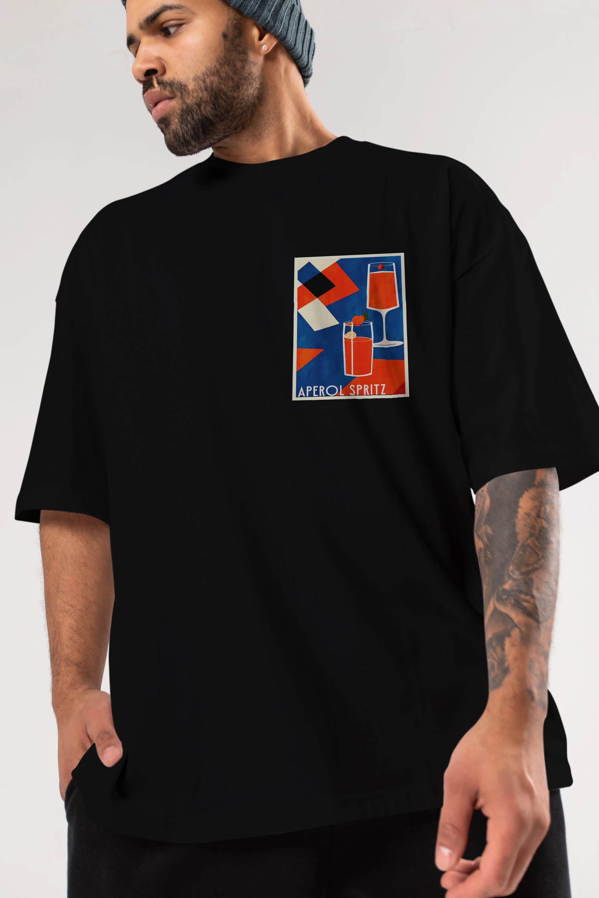 Aperol Spritz 4 Ön Sol Baskılı Oversize t-shirt Erkek Kadın Unisex %100 Pamuk Bisiklet Yaka tişort
