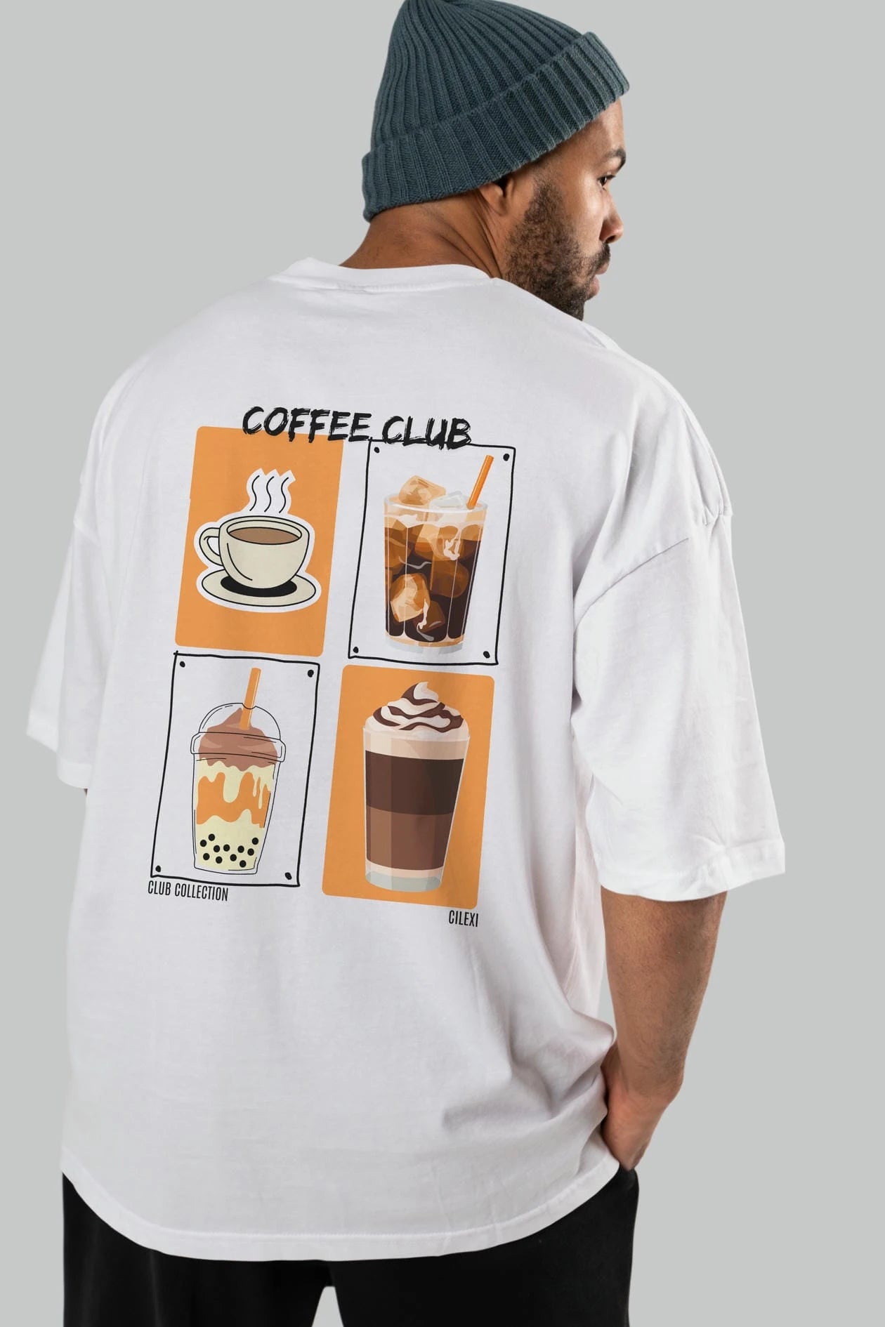 Coffee Club Arka Baskılı Oversize t-shirt Erkek Kadın %100 Pamuk Bisiklet Yaka tişort