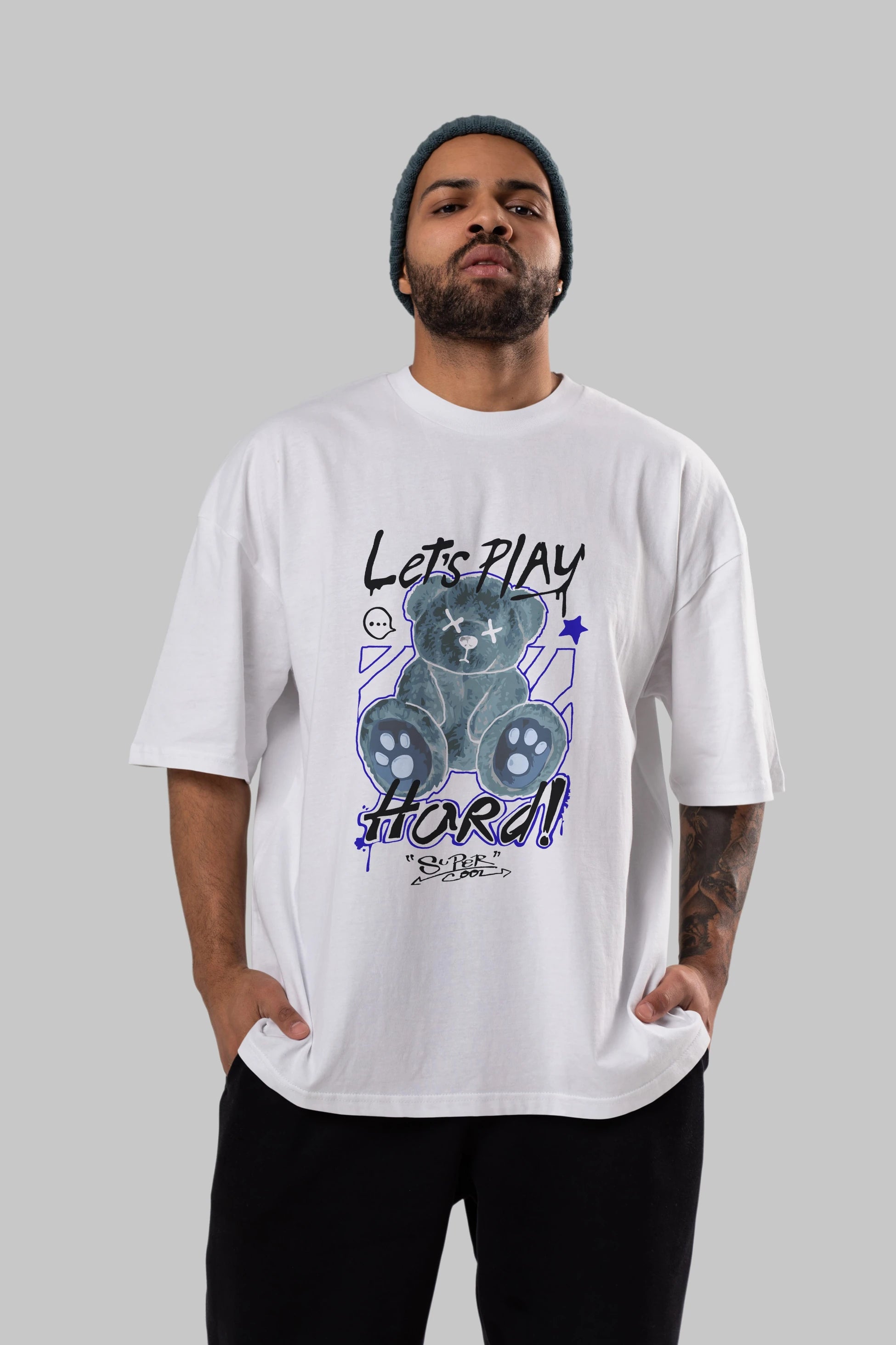 Lets Play Hard Bear Ön Baskılı Oversize t-shirt Erkek Kadın Unisex