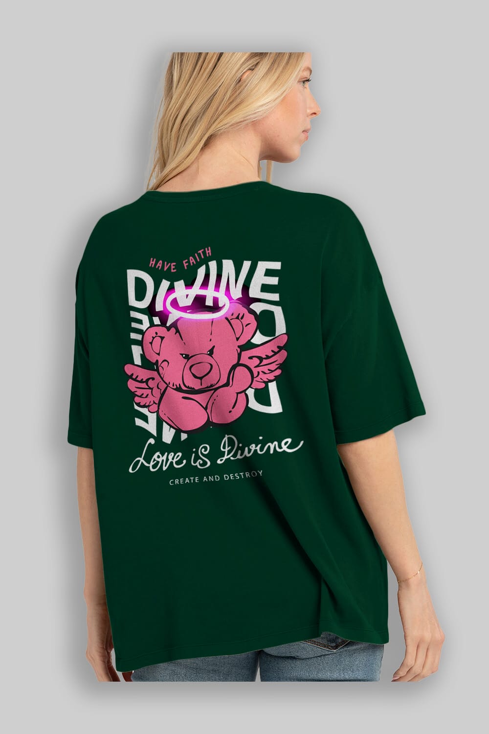 Love is Divine Bear Arka Baskılı Oversize t-shirt Erkek Kadın Unisex