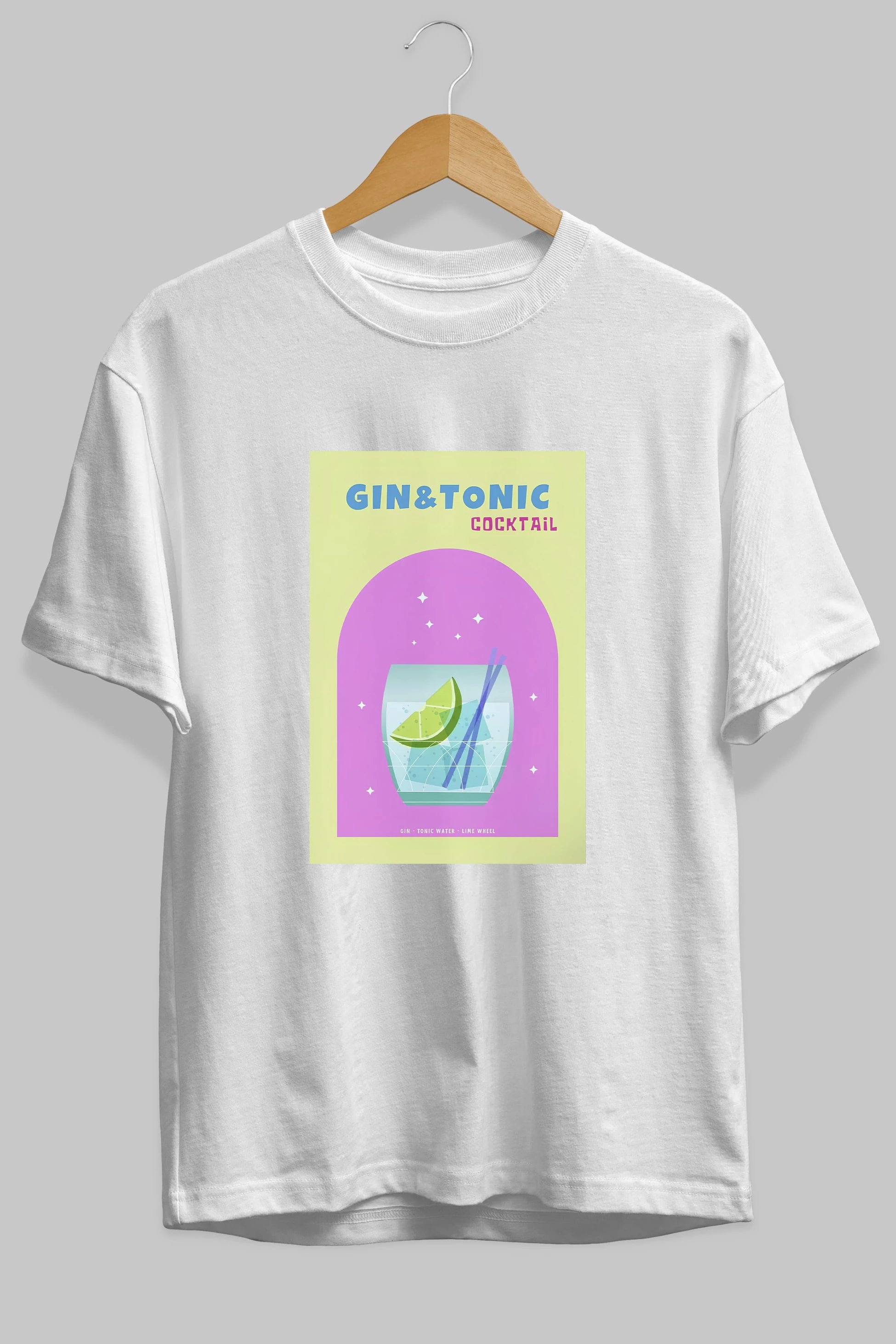 Gin Tonic Cocktail Ön Baskılı Oversize t-shirt Erkek Kadın Unisex %100 Pamuk Bisiklet Yaka tişort