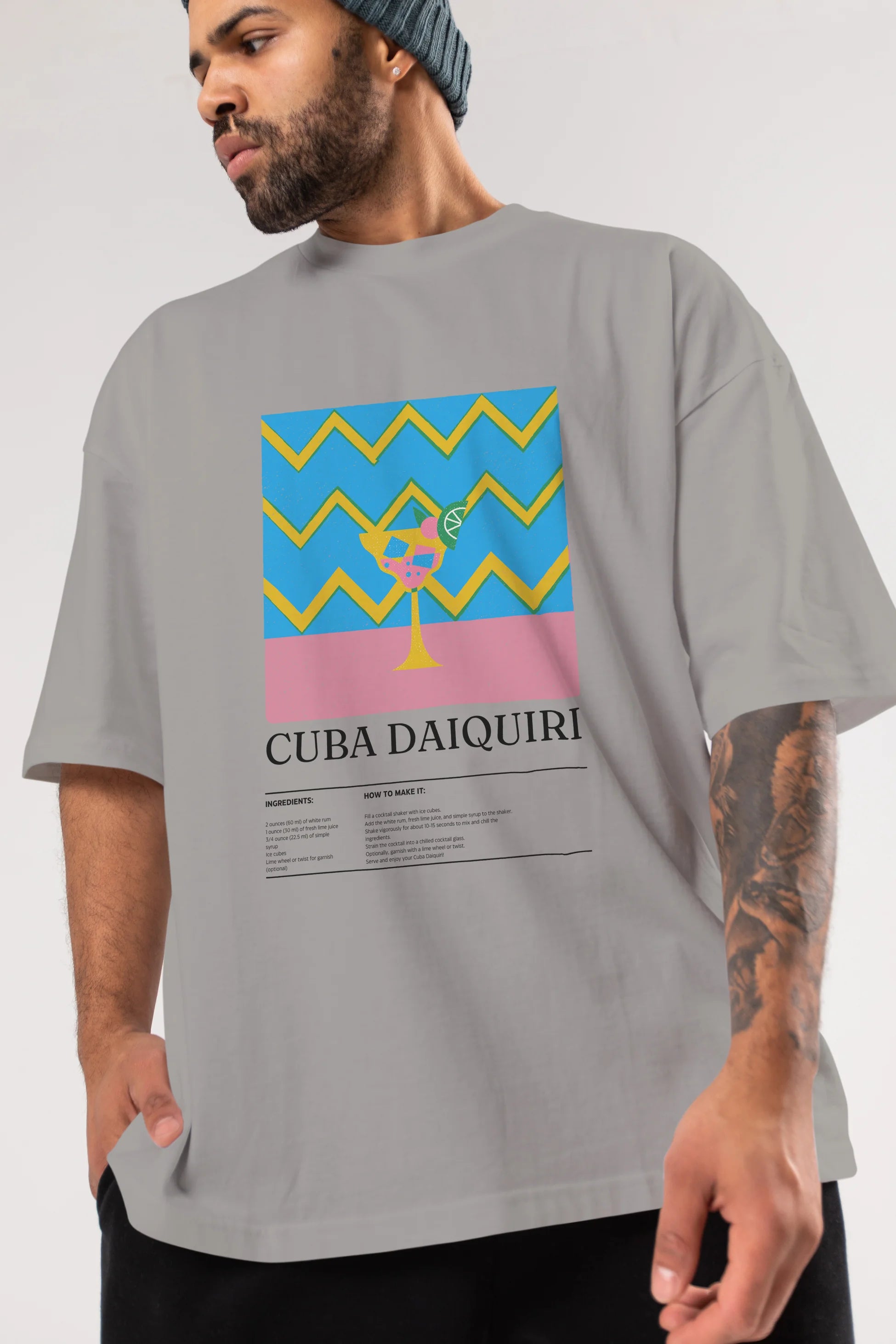 Cuba Daiquiri Kokteyl Ön Baskılı Oversize t-shirt Erkek Kadın %100 Pamuk Bisiklet Yaka tişort