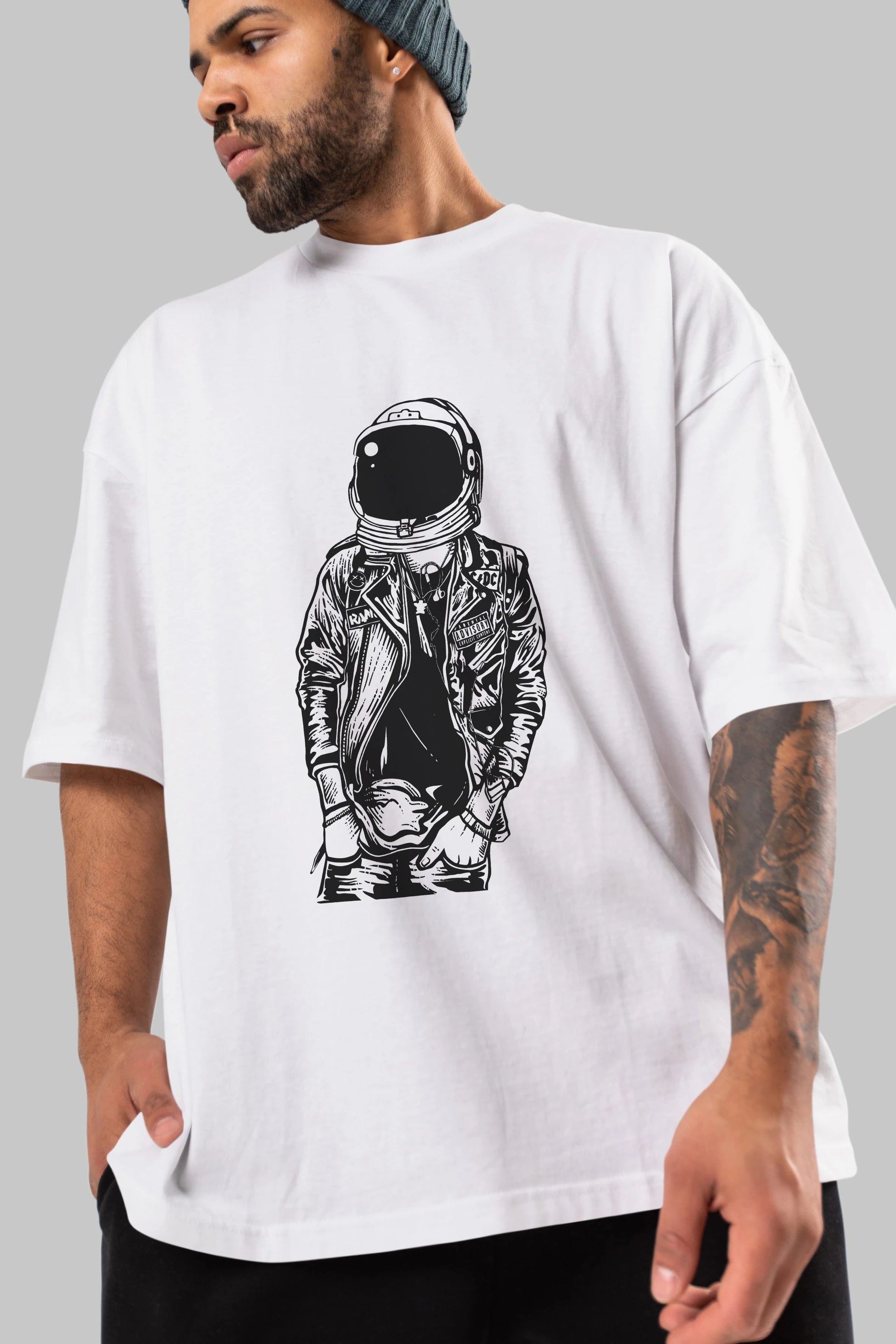 Astronaut Punkster Ön Baskılı Oversize t-shirt Erkek Kadın Unisex %100 Pamuk tişort