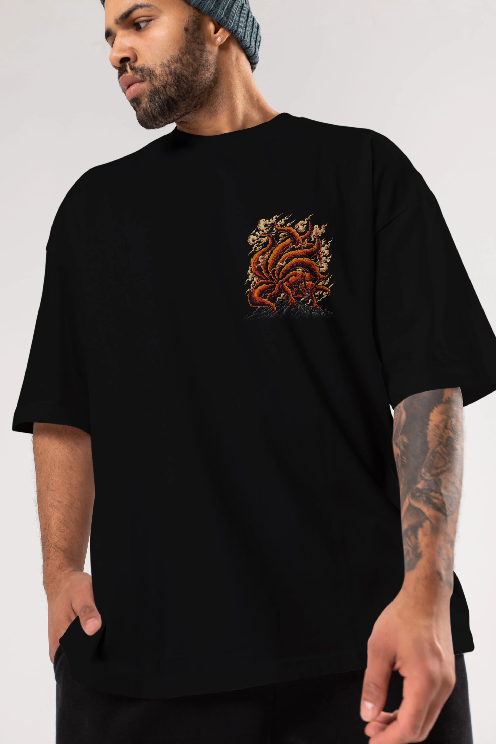NARUTO KYUUBI Ön Sol Baskılı Oversize t-shirt Erkek Kadın Unisex %100 Pamuk Bisiklet Yaka tişort