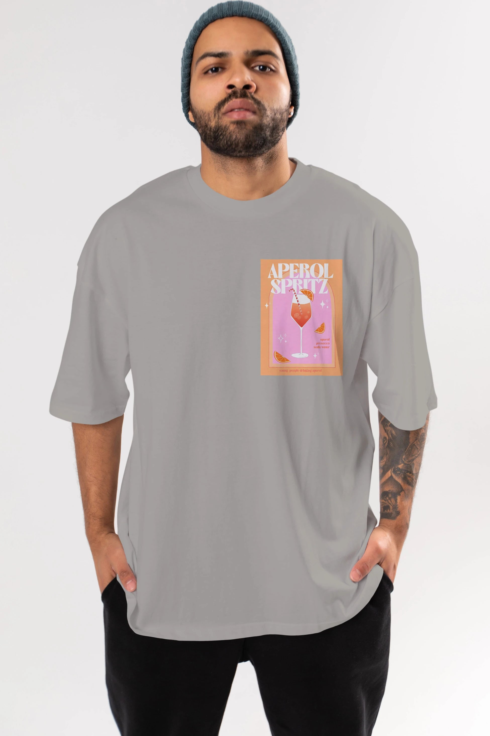 Aperol Spritz 2 Ön Sol Baskılı Oversize t-shirt Erkek Kadın Unisex %100 Pamuk Bisiklet Yaka tişort
