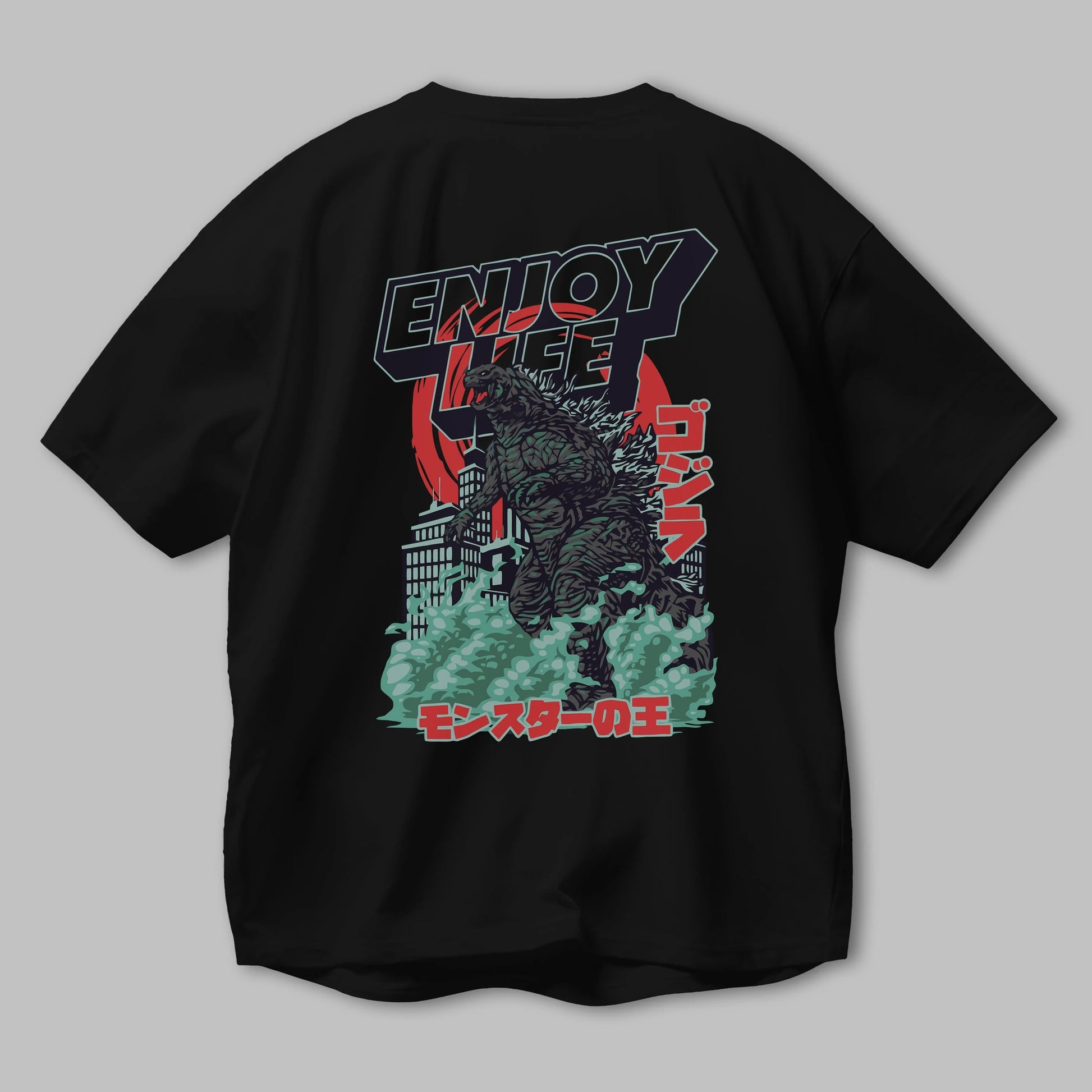 Godzilla Arka Baskılı Oversize t-shirt Erkek Kadın Unisex %100 Pamuk Bisiklet Yaka tişort