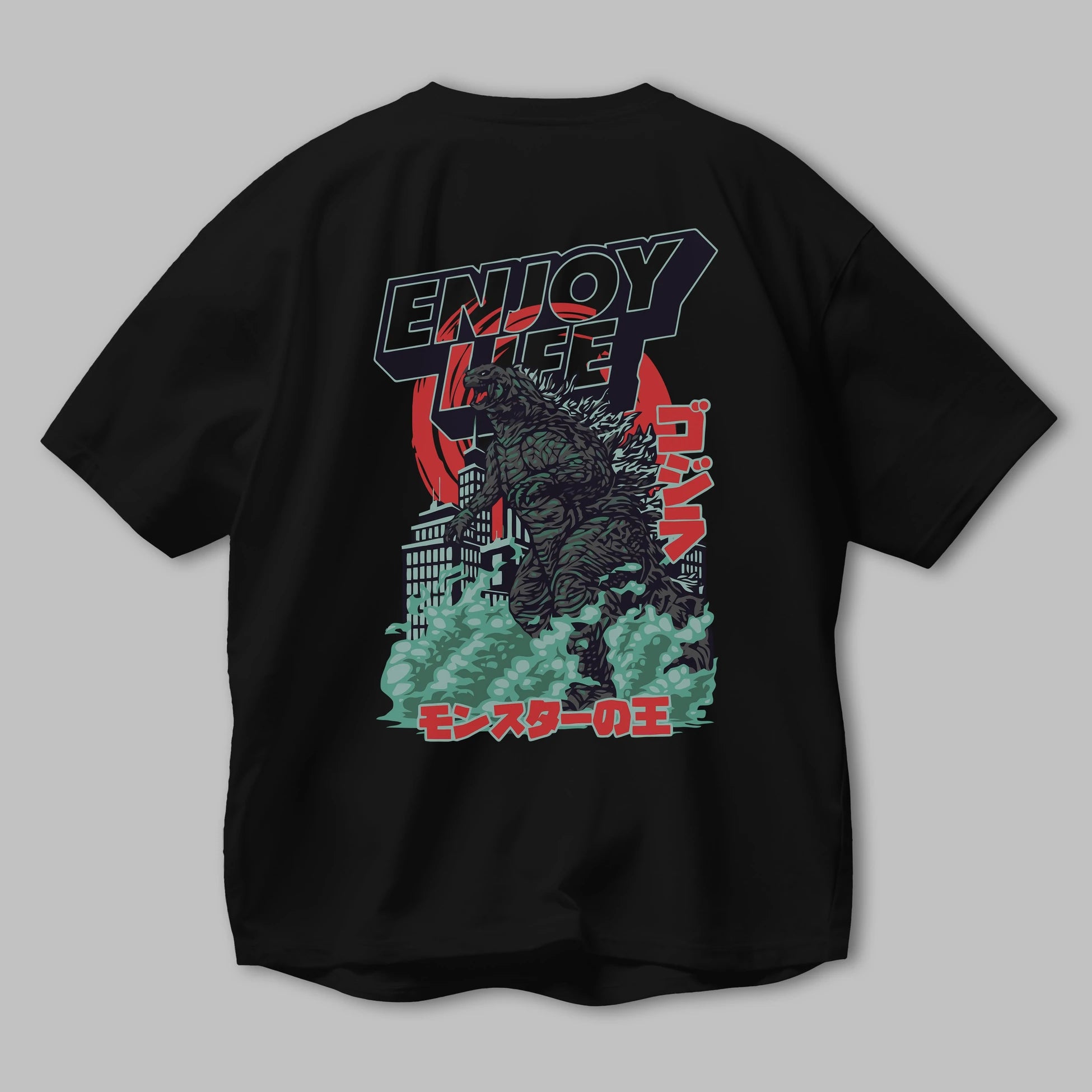 Godzilla Arka Baskılı Oversize t-shirt Erkek Kadın Unisex %100 Pamuk Bisiklet Yaka tişort