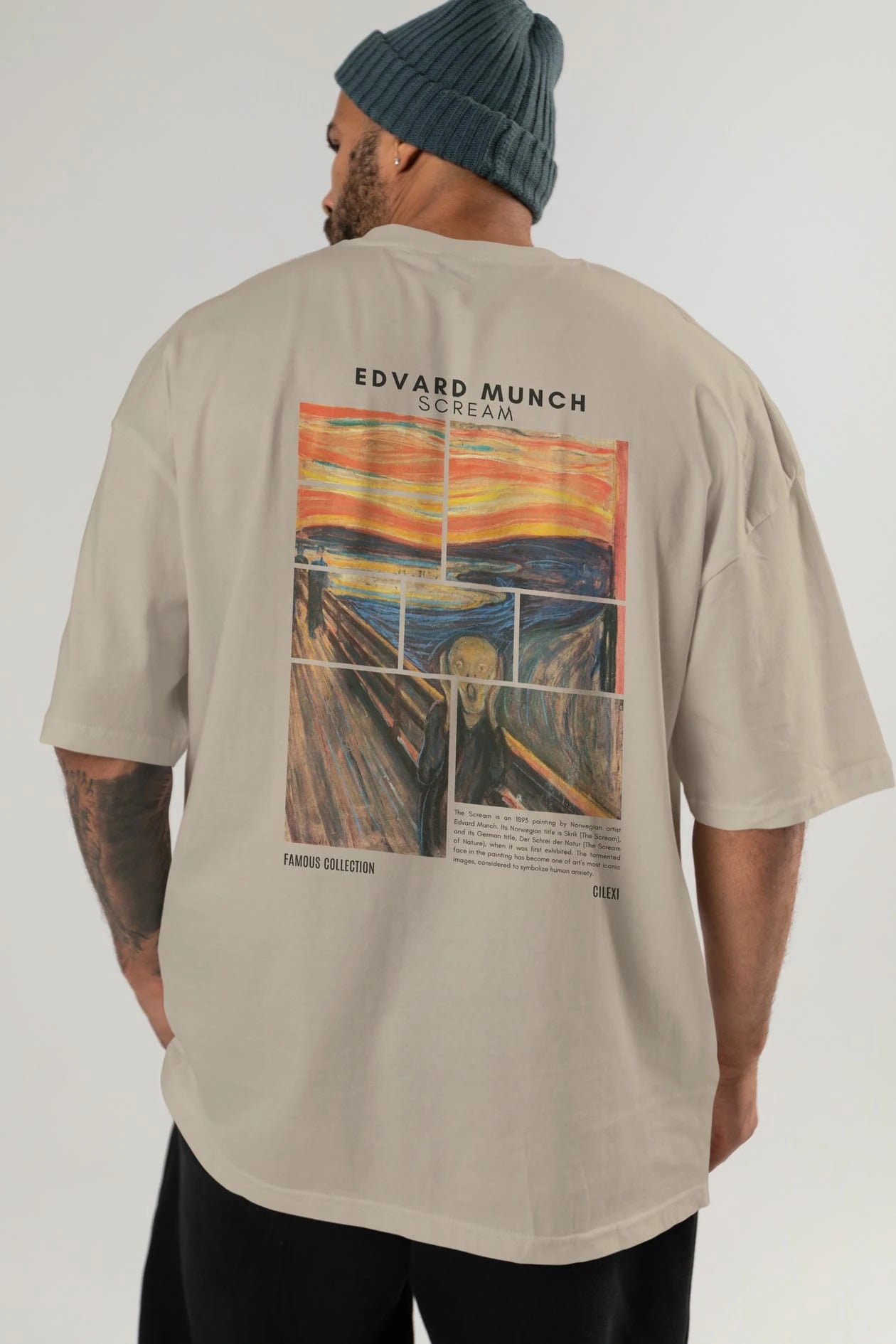 Edvard Munch Scream Arka Baskılı Oversize t-shirt Erkek Kadın Bisiklet Yaka Pamuk tişort